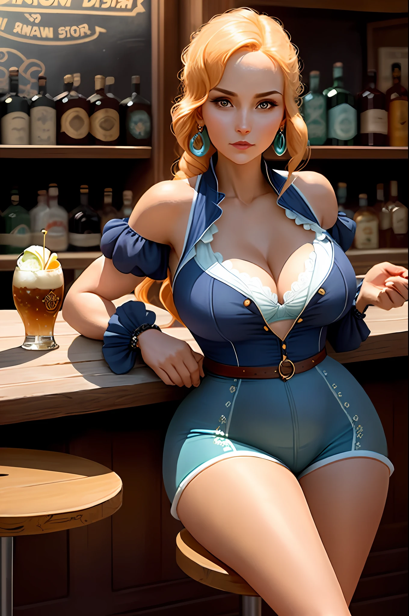 In a bustling port city known for its stories of sailors and lost treasures, one mystery bar stands out. It is there that an extraordinary woman appears, looking like she stepped straight from the pages of One Piece. She is the embodiment of the beautiful and fearless navigator Nami, with her stunning appearance and striking features. With her voluptuous curves and mesmerizing presence, she catches everyone's attention as she enters the bar. Her figure sports large breasts, thick thighs and a slim waist, enhancing her perfect silhouette. Her flawless skin and angelic face seem to know no imperfections. Wearing short shorts and a tiny bra, she exudes confidence and sexiness. Sitting on a wooden chair, strategically positioned in the center of the bar, she stares at the viewer with a piercing gaze. Her captivating eyes seem to invite you to discover the secrets she keeps and delve into a world of mystery and fascination. While the bar's regulars try to maintain their posture and disguise the desire that the woman's presence awakens, there is an air of electricity in the air. Rumors spread, stories about their origins and adventures circulate around the tables. Who is this extraordinary woman? Where did she come from? What's the story behind its ravishing appearance? In the lively and picturesque setting of the bar, the woman identical to Nami becomes a central figure, both an object of admiration and speculation. While she remains haughty and shrouded in mystery, the bar's regulars are drawn like moths to a flame. Every interaction, every look exchanged, takes them deeper into a world of seduction, secrets and ambitions. In this seductive plot full of intrigue, delve into the depths of the bar, follow the trajectory of this enigmatic woman and discover the secrets that involve her resemblance to Nami. What adventures has she had? What mysteries does she carry with her? Prepare to embark on a story full of passion, mystery and twists as the exotic muse of the sea revea