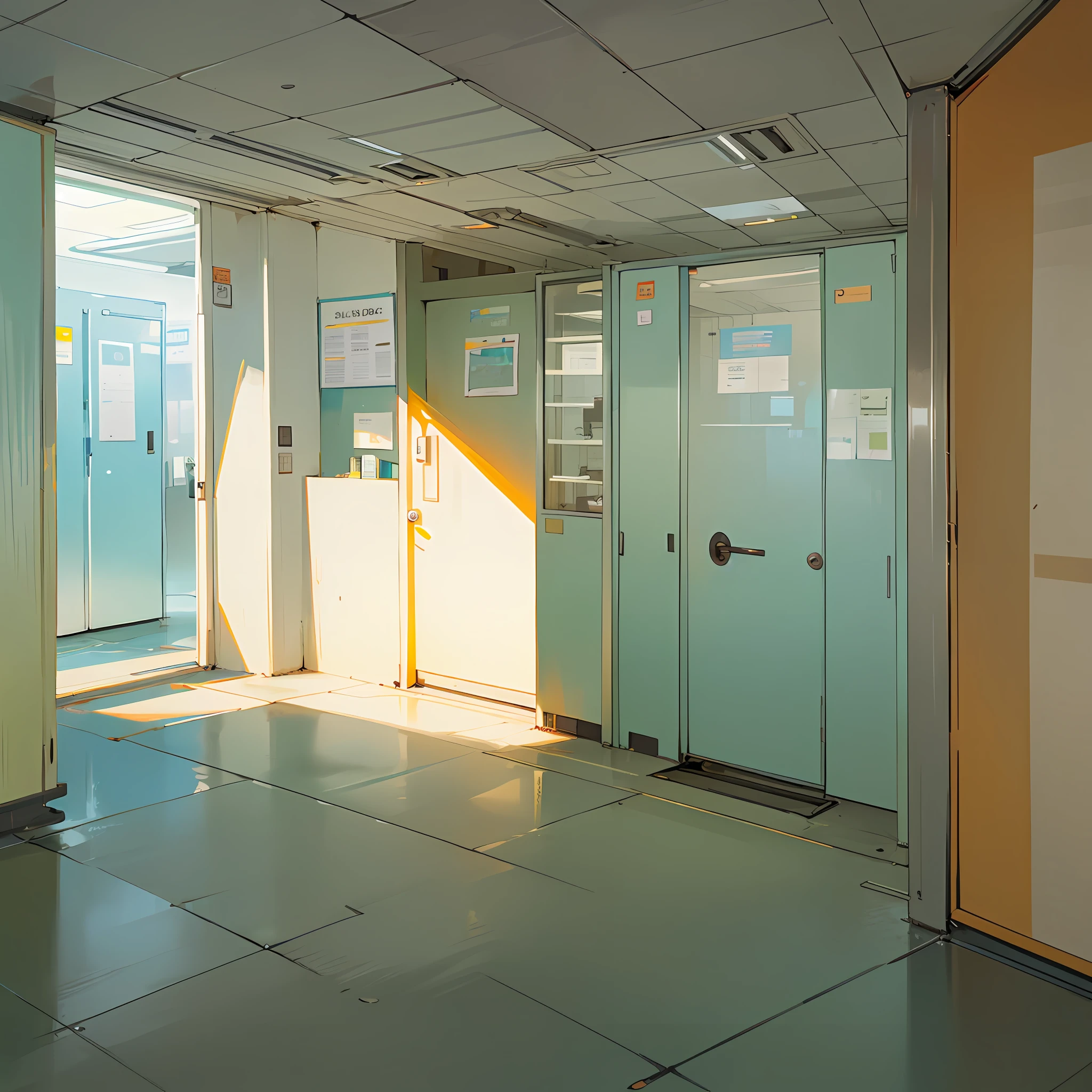 Front plane from the outside of the façade of an empty office in a futuristic cement building (pastel yellow), with large windows that reflect the light from outside, (pastel yellow posters), (poster of announcements), ((pastel blue telephone booth)), the interior is empty, on the outside there are some tables and chairs (black metal paint), dark green bins, pots. The atmosphere is light brown and bright, dirty, very loaded with fog. dim and orange lighting, no people, it's all empty