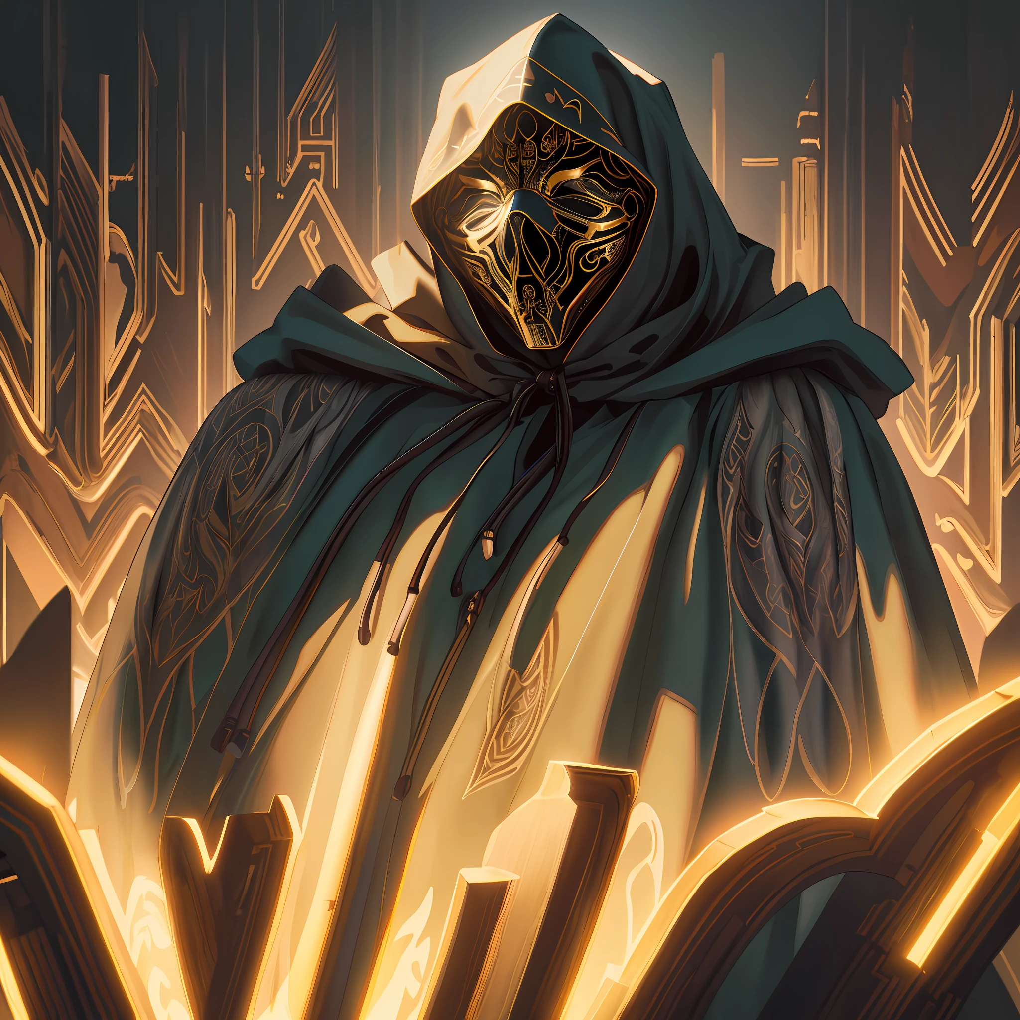 Ominous scene of a faceless hooded figure with a mask covered in glowing glyphs, long hood, front view, (extremely detailed CG), ((Realistic Shadows:1.2)), ((Realistic Lighting:1.1)), ((Highest quality)), 8k, ultra-detailed, ((perfect shadows)), best illumination, best shading, ((masterpiece)), (best quality:1.0), (ultra highres:1.0), intricate detail, (depth of field), subject in focus