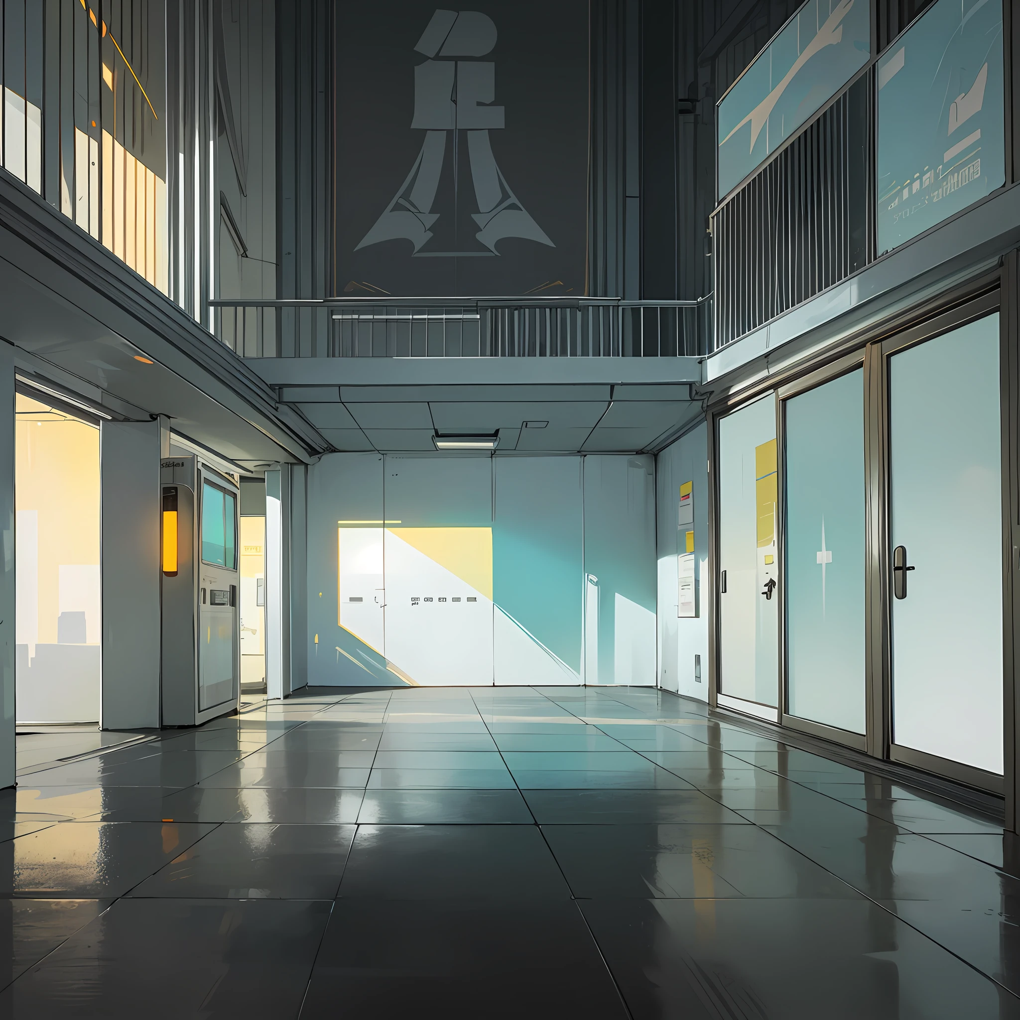 Front plane from the outside of the façade of an empty office in a futuristic cement building (pastel yellow), with large windows that reflect the light from outside, (pastel yellow posters), (poster of announcements), ((pastel blue telephone booth)), the interior is empty, on the outside there are some tables and chairs (black metal paint), dark green bins, pots. The atmosphere is light brown and bright, dirty, very loaded with fog. dim and orange lighting, no people, it's all empty
