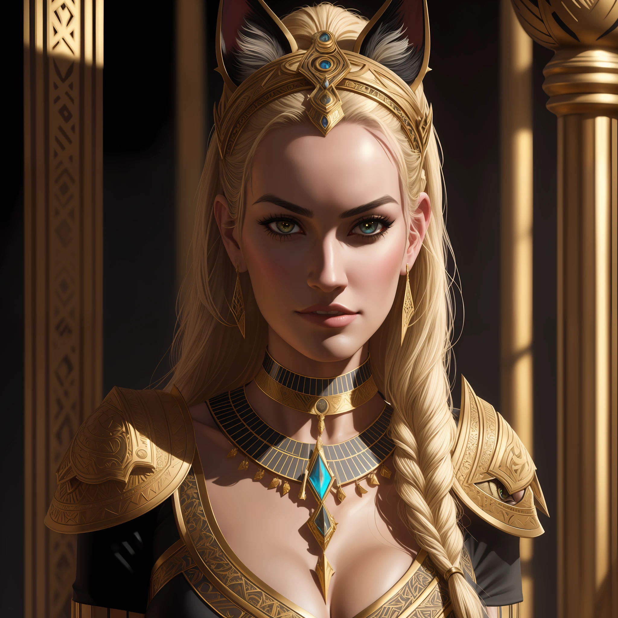 (((Adult model Paige Spiranac))) as Goddess Bastet full length, 1girl, black cat head and reptile eyes, highly detailed, award-winning photography, perfect composition, golden ratio, beautiful colors, trending on artstation, (viewed from below:1.2), sharp focus, studio shot, intricate detail, highly detailed, by WLOP, trending on artstation, sharp focus, studio shot, intricate detail, highly detailed, by Greg Rutkowski, trending on artstation, sharp focus, studio shot, intricate detail, highly detailed, by Greg Rutkowski, v4, trending on artstation, sharp focus, studio photo , intricate details, highly detailed, by greg rutkowski
