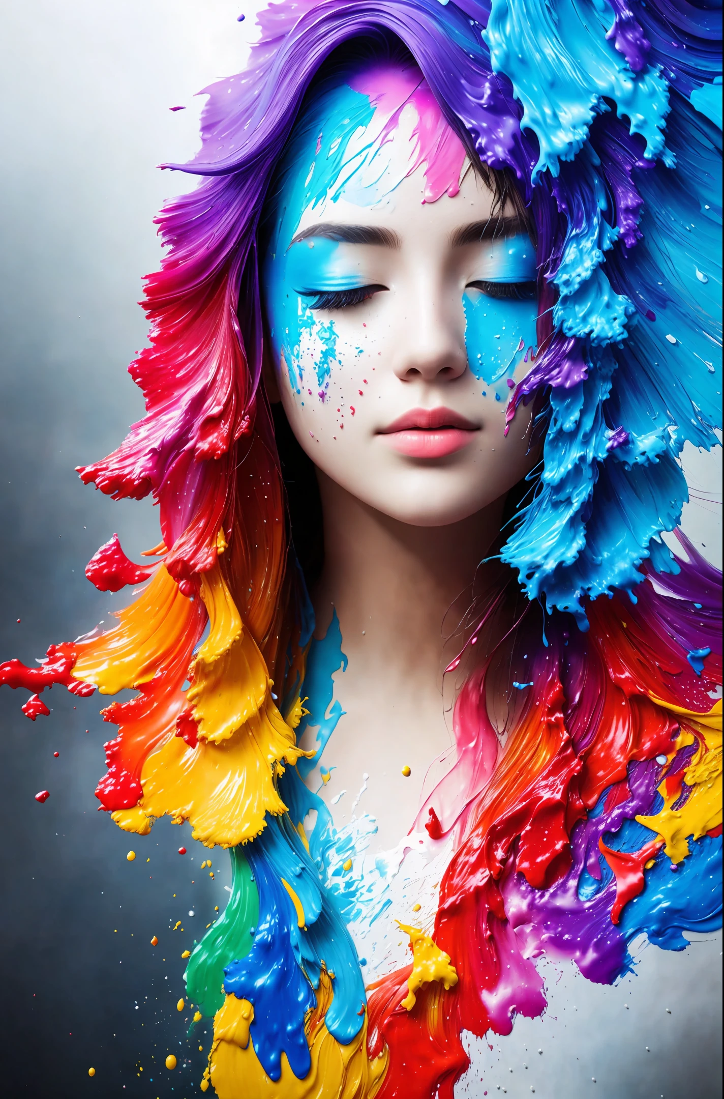 Paint colliding and splashing on the canvas),(depth of field),1girl's side face blends into it,thick flowing,(paint splatter:1.3),Liquid state,stunningly beautiful, masterpiece, detailed background,ultra high quality model, ethereal background,abstract beauty, explosive volumetric, oil painting,heavy strokes,Romantic lighting,Sub-Surface Scatterring,glow,8k,high resolution,ultrawide shot, dreamy,ray tracing,hdr,god rays,facing away,