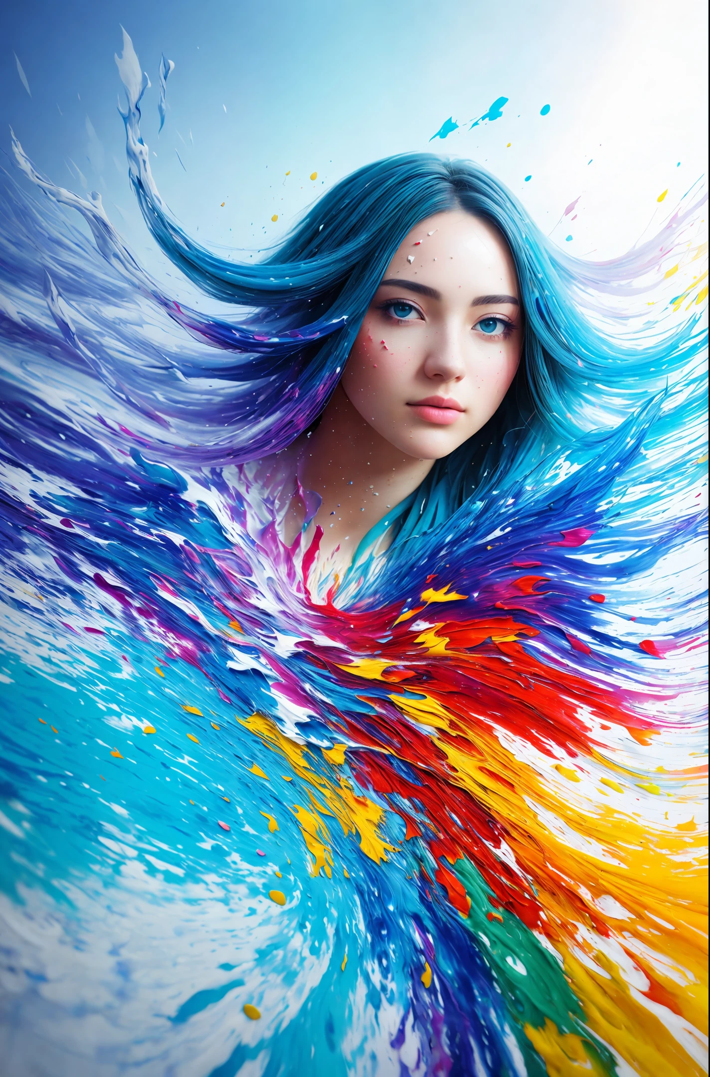 Paint colliding and splashing on the canvas),(depth of field),1girl's side face blends into it,thick flowing,(paint splatter:1.3),Liquid state,stunningly beautiful, masterpiece, detailed background,ultra high quality model, ethereal background,abstract beauty, explosive volumetric, oil painting,heavy strokes,Romantic lighting,Sub-Surface Scatterring,glow,8k,high resolution,ultrawide shot, dreamy,ray tracing,hdr,god rays,facing away,