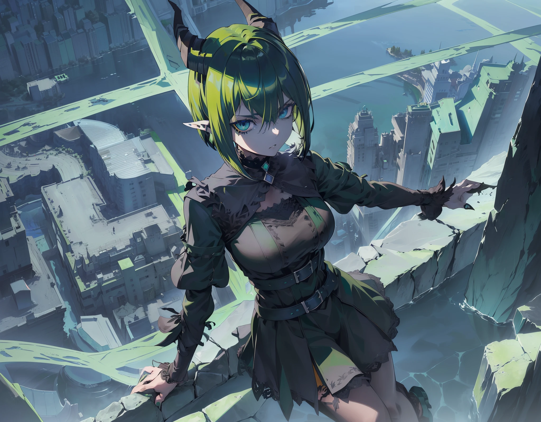 ((highest quality, masterpiece, 4k, finely detailed, detailed eyes, detailed face, gelbooru, pixiv)), warm lighting, ((highest quality, masterpiece, 4k, finely detailed, detailed eyes, detailed face, gelbooru, pixiv)), warm lighting, ((solo)), 1 woman, adult woman, mature woman, wide hips, seductive, ((two demon horns)), ((very sharp eye shape, dark mascara, steel blue eye color)), (((green haircolor, shaggy hair, bob haircut)), looking at viewer, mean expression, ((modern dress, dark black color)), dominant pose, ((pointy ears)), ((modern setting)), standing on top of grassy hill, castle in the background, bird's eye view