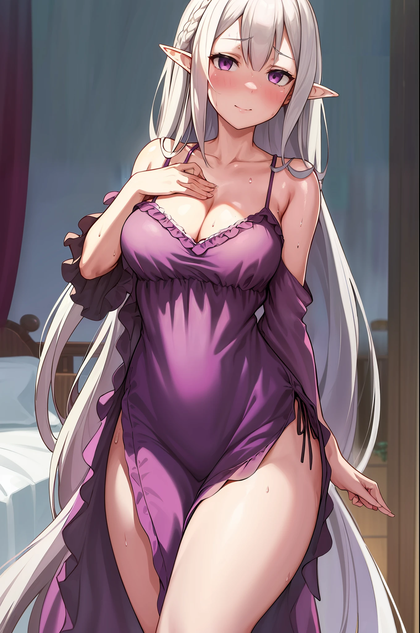 mejor calidad, highres, ultra detailed, Emilia, nightgown_outfit, grey_hair, upper_body, lower_body, very_long_hair, medium_breasts, (bent_over:1.5), dowblouse, purple_nightgown, anime, blush, 1girl, milf, elf, bedroom, white_hair, amethyst_eyes, shy, looking_at_viewer, sweat_on_the_face:1.2