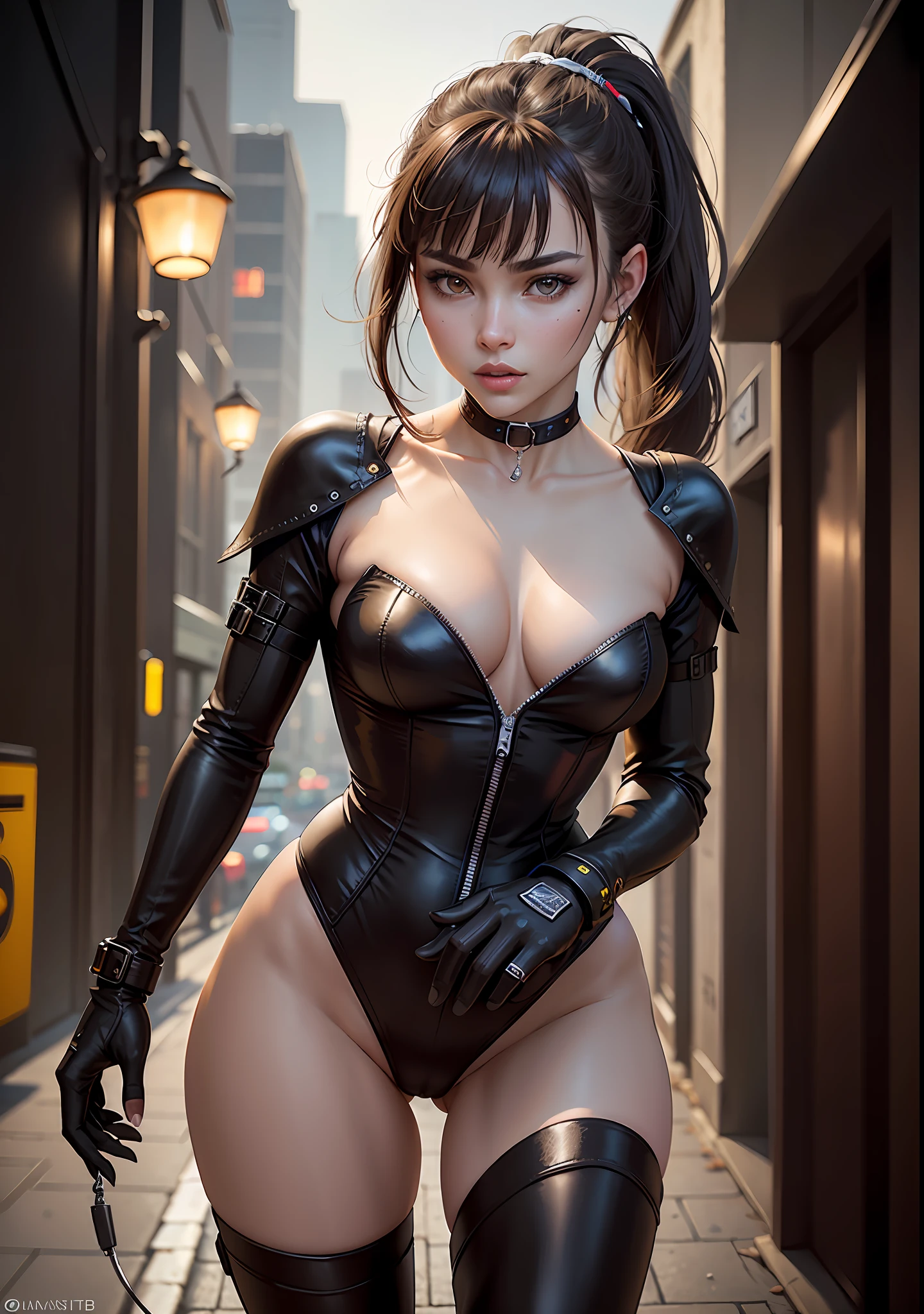 The Huntress (1woman, brown eyes, white skin, black hair with ponytail and bangs, choker, small breasts, thin, full lips, makeup, eyeliner, Russian) riding her cyberpunk motorcycle, wearing a black one-piece leather armor, long leather gloves, long leather boots, in a cyberpunk town at night, (cyberpunk theme), (masterpiece, best quality, 8k, sharp focus, depth of field, best shadows, perfect lights, HDR, realistic skin texture, ultra-detailed and detailed background), Medium shooting camera angle
