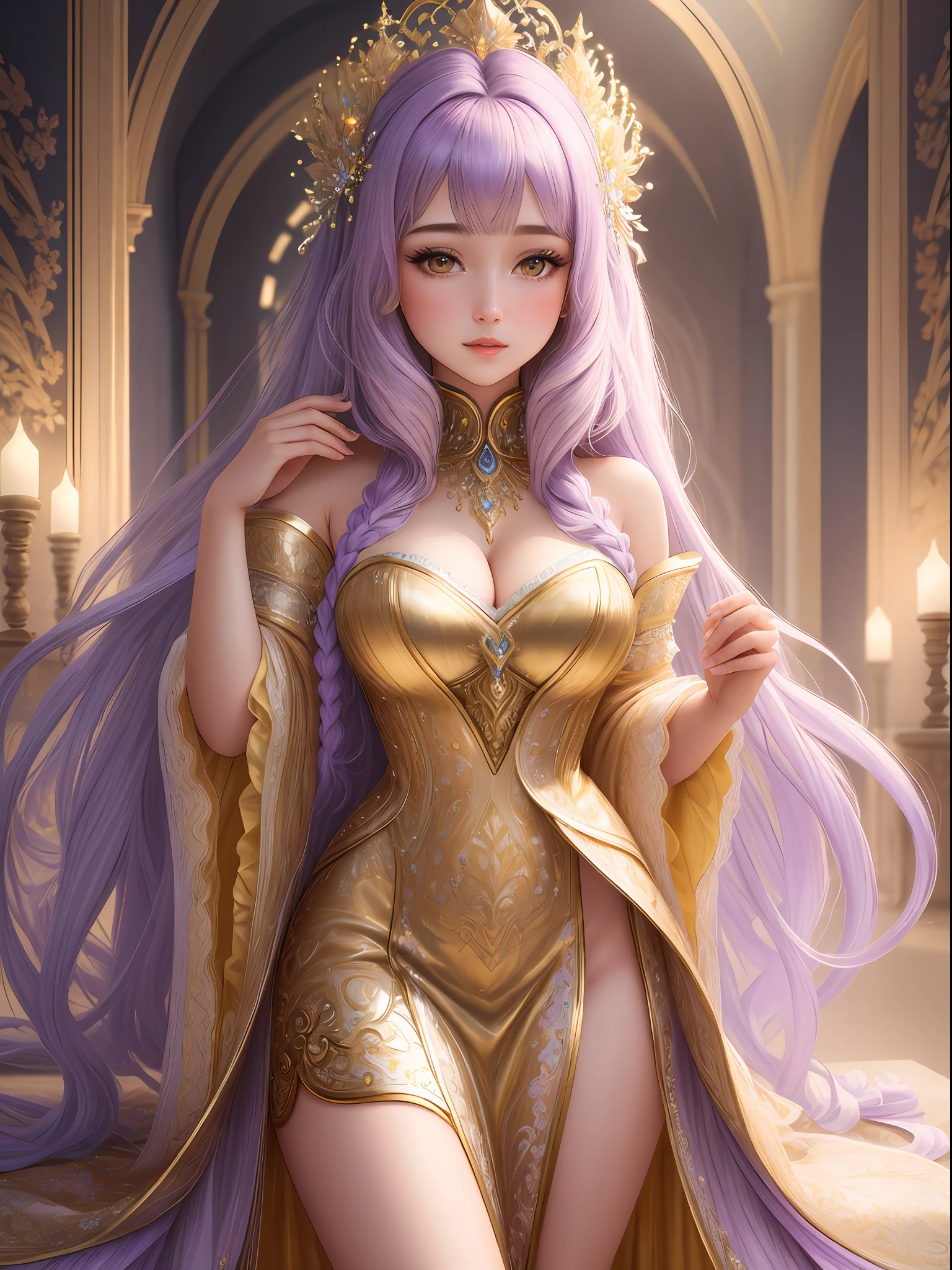 (Masterpiece - Ultra-Detailed, High-Res) Prepare to be enchanted by a true masterpiece that combines ultra-detailed artistry with high-resolution rendering. This artwork showcases a mesmerizing girl with long lilac hair (1.3) and captivating yellow eyes (1.2), emanating an aura of elegance and mystery. The intricate details and lifelike textures invite you to explore every aspect of this enchanting composition. Get ready to be immersed in a world where beauty and craftsmanship merge seamlessly.