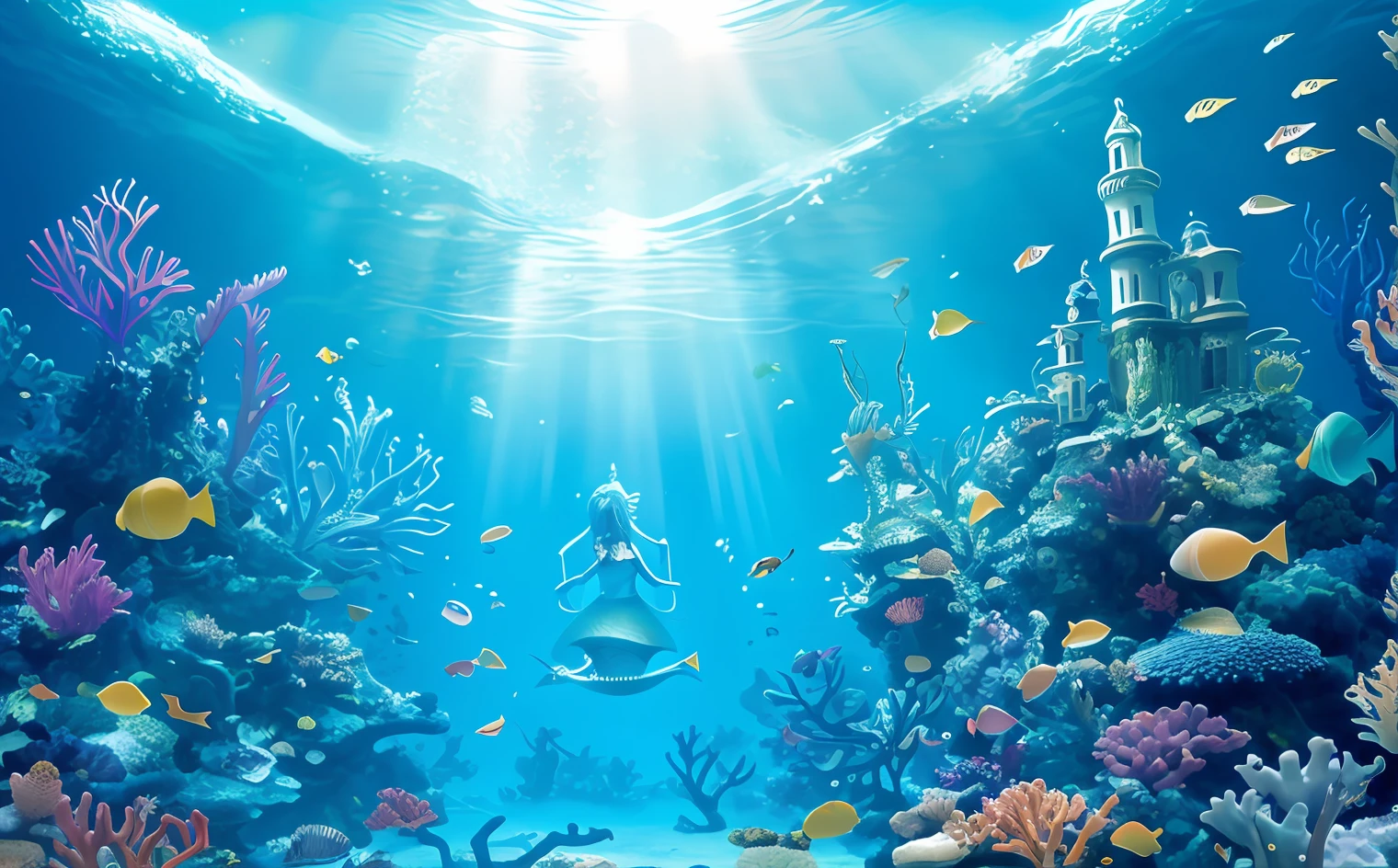 Aquatic anthills with dome-shaped ant mermaid statue with corals and aquatic plants