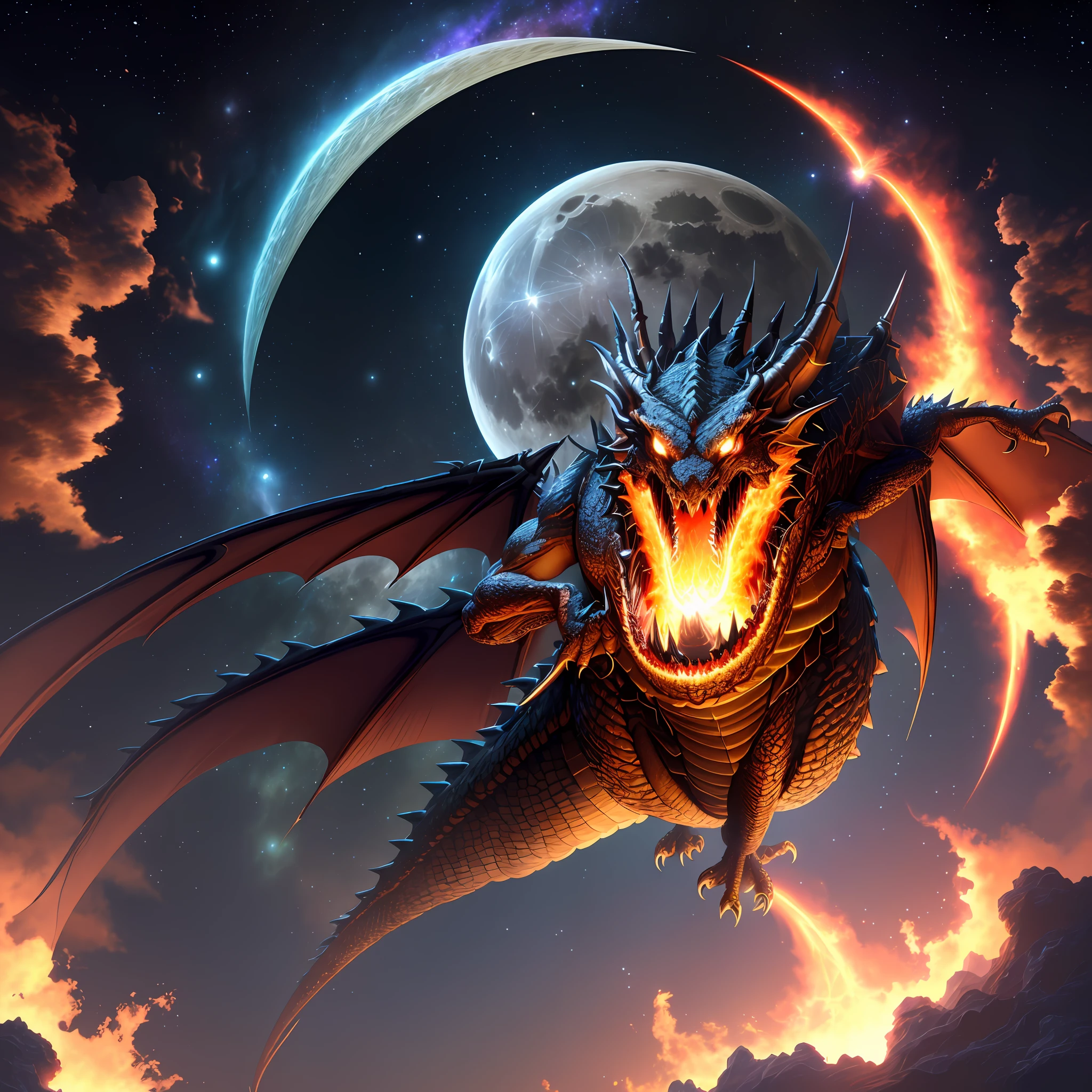 (extremely detailed CG 8k wallpaper unit, best quality, masterpiece, ultra-detailed), floating, high saturation, [(1dragon spitting fire), (space, galaxy, moon) on the back of the dragon, (Moon), ]