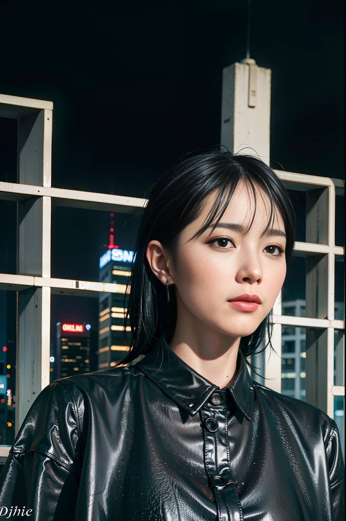 masterpiece, best quality, highres, realistic, woman, police coat, rainy wet weather, soaking wet skin, raindrops, thunder storm, blade runner, dystopia, science fiction, biomechanical details, bright neon lights, dark looming buildings, barechest, big pecs, pale skin, pulled down pants,short black hair,((young))