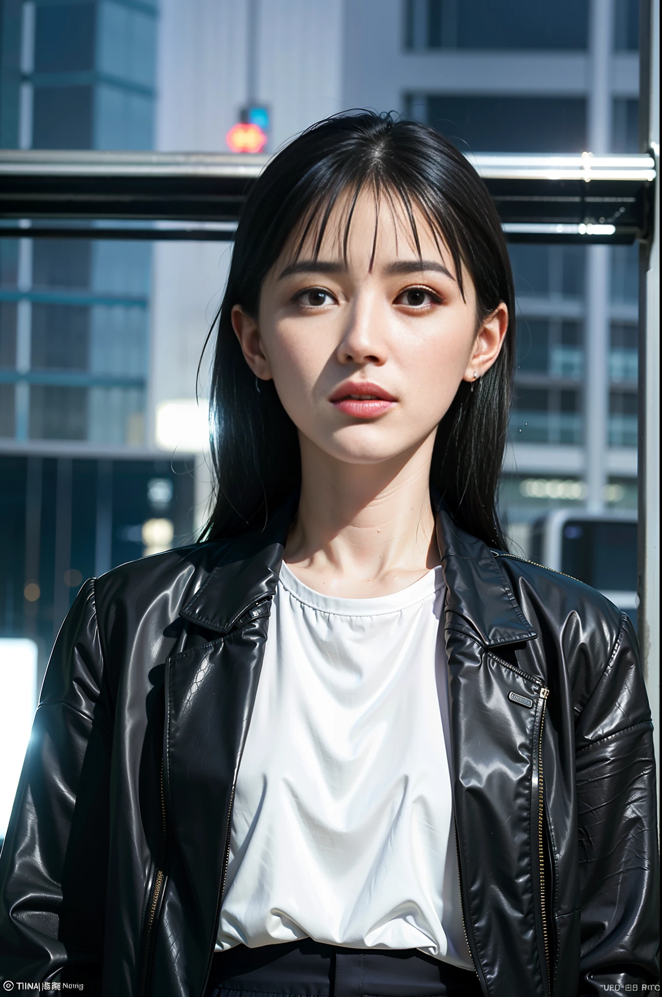masterpiece, best quality, highres, realistic, woman, police coat, rainy wet weather, soaking wet skin, raindrops, thunder storm, blade runner, dystopia, science fiction, biomechanical details, bright neon lights, dark looming buildings, barechest, big pecs, pale skin, pulled down pants,short black hair,((young))