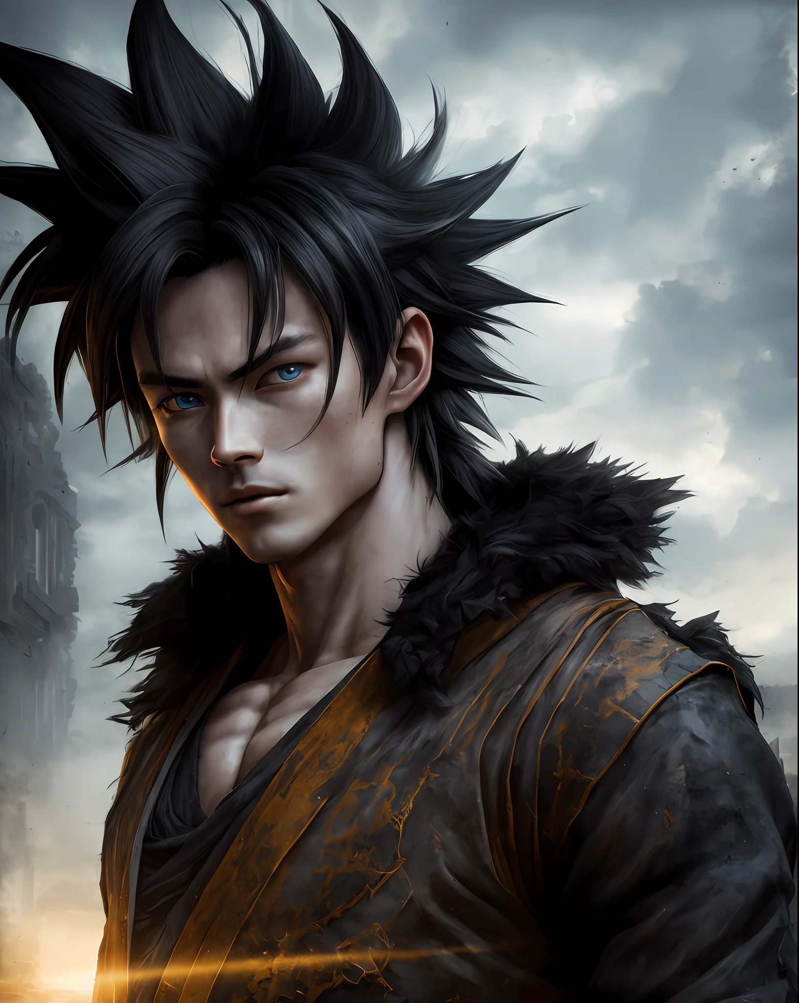 Goku, Sayajin, black Sayajin outfit, ultra detailed eyes, yellow rays coming out of the body, bright blue eyes, man, flowing hair, human fur, realistic human skin, striking blue eyes, beautiful body and face - shot, body, beautiful detailed body and face, strong body, musco))), dust raising(hot dark photos, hyper-realistic (((portrait))), background of post-apocalyptic ruins,(((HDR+)))), 4mm textures, 8k, soft cinematic light, Adobe Lightroom, Photolab, HDR, intricate, elegant, highly detailed, sharp focus, ((((((cinematic appearance)))), soft tones, insane details, intricate details, hyper-detailed, low contrast, soft cinematic light, faint colors, exposure mix, faded, slate atmosphere)