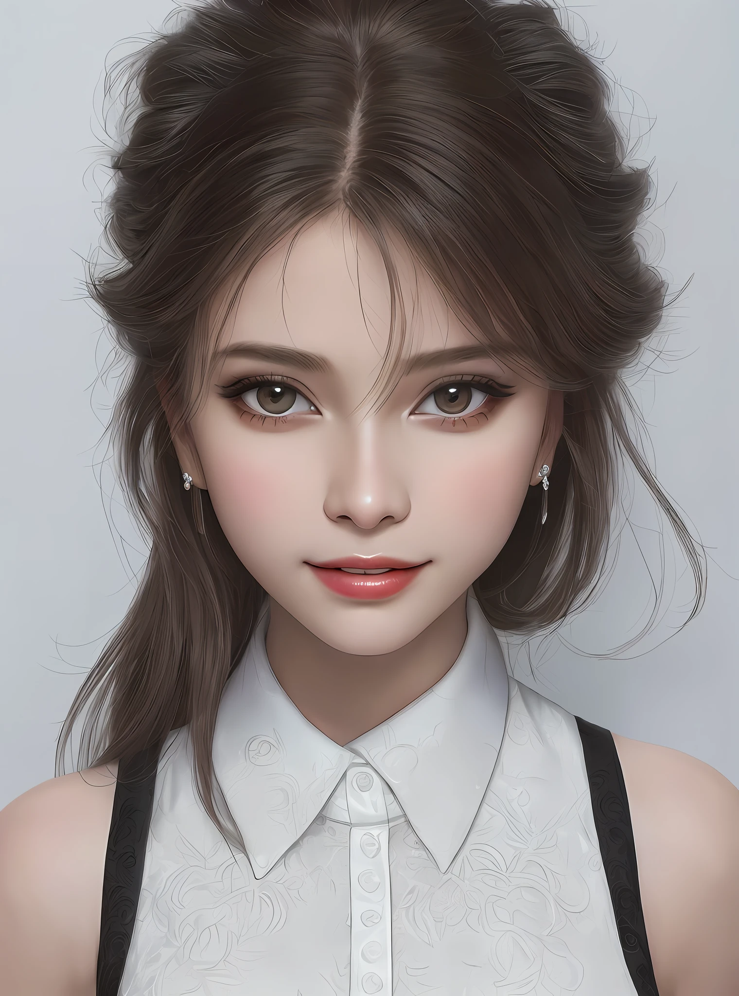Solo, beautiful elegant petite rich corporate boss lady, beautiful smile, mommy, wearing a sleeveless white formal shirt, hyper detailed eyes, hyperdetailed face, complex,  perfect, model,  textured,  chiaroscuro, professional make-up, realistic, rough, dominating, figure in frame, close up