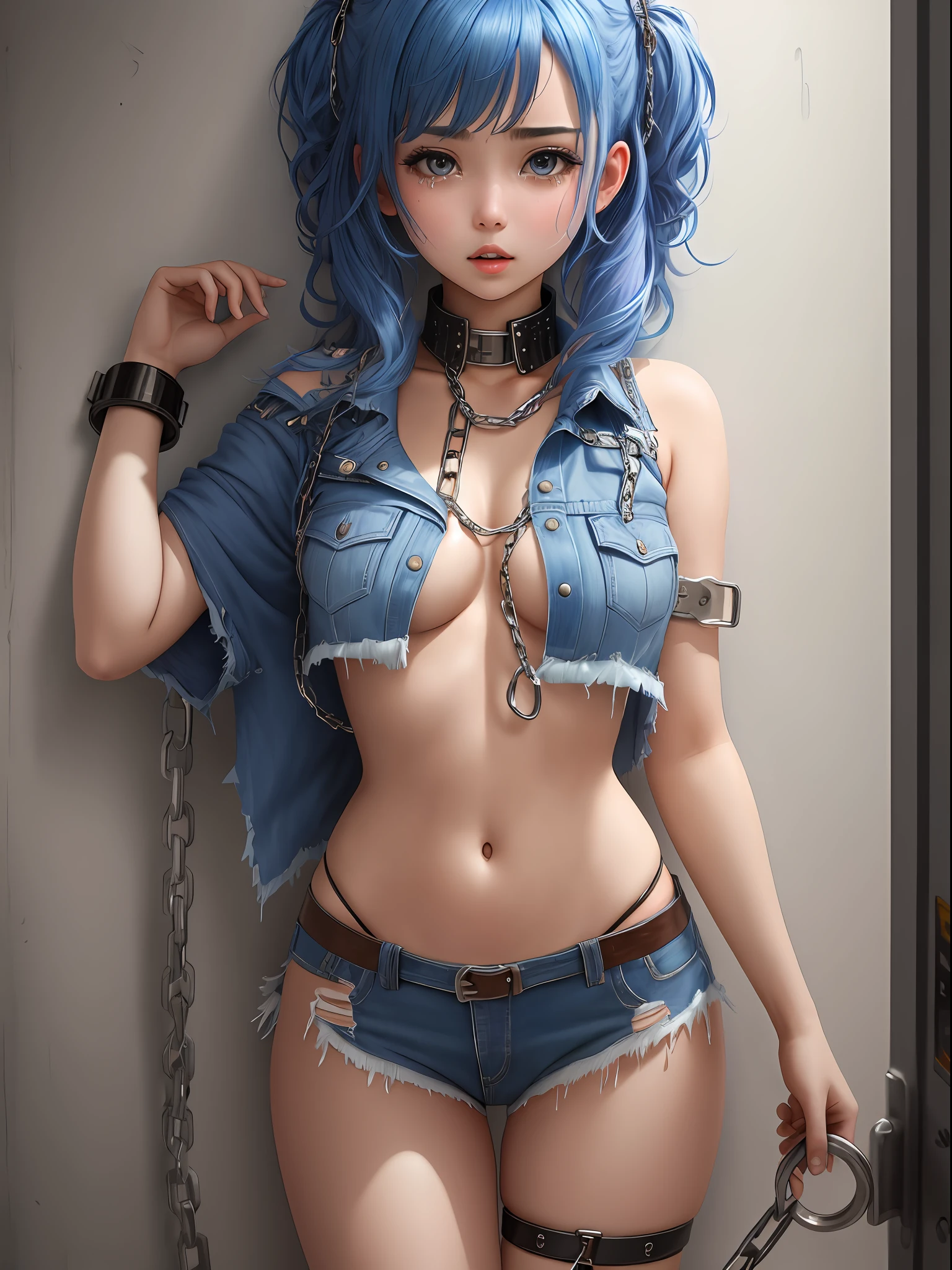 masterpiece,1girl,solo,blue hair,hair intakes,torn clothes, handcuffs, chains,navel,tears,