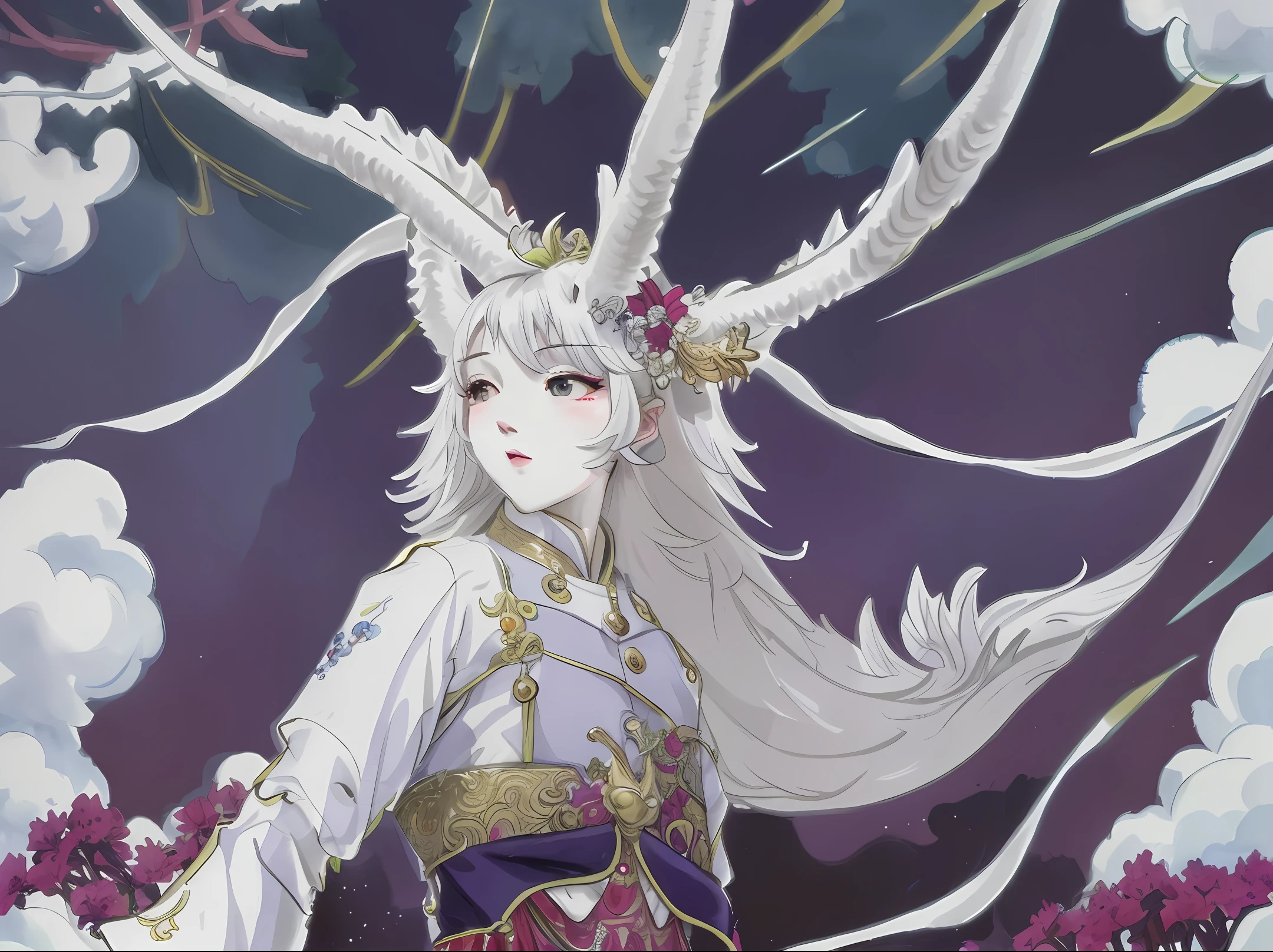 (Masterpiece), (Excellent), (Extremely Fine), White Dew, Square, Spectator, Dragon's Tail Horns, Upper Body, Flowers, Streamers, Clouds,