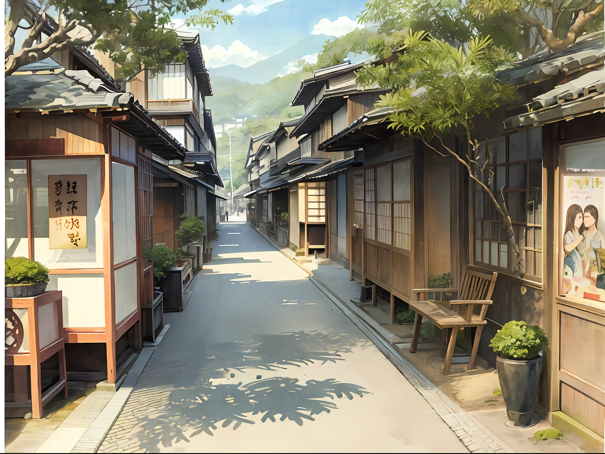 Delicate watercolor illustration of traditional Kyoto Japan, wide avenue of golden palm trees with commercial shops, cozy and beautiful composition, summer afternoon color scheme, sharp details, intricate details