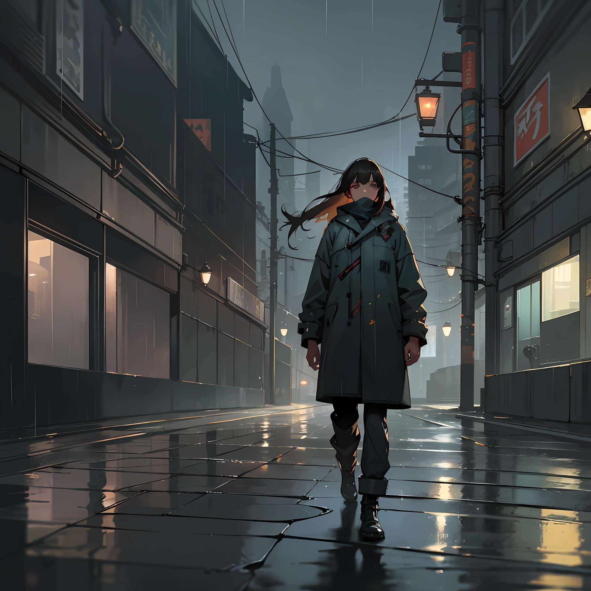 (best quality, incredibly detailed art), futuristic background, rainy night, dirty and wet ground, night atmosphere, dirty and dilapidated cement square, light lanterns, dense fog, thrown boxes, trash on the floor, big neon signs, (1 person) walking in the rain, dark clothes, long dark hair, look to the side, suspense atmosphere