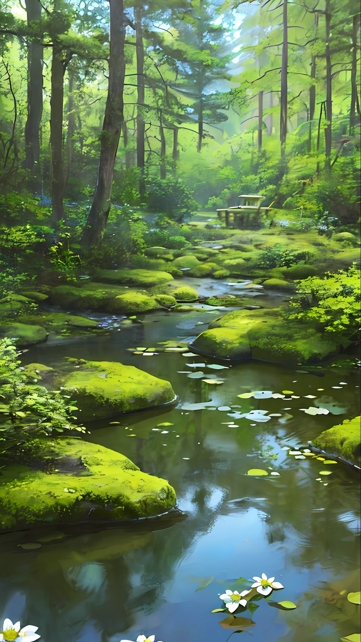 (best quality)), (photos without people), in the forest, frogs, quiet pond, wildflowers by the water, creek, stones, moss,