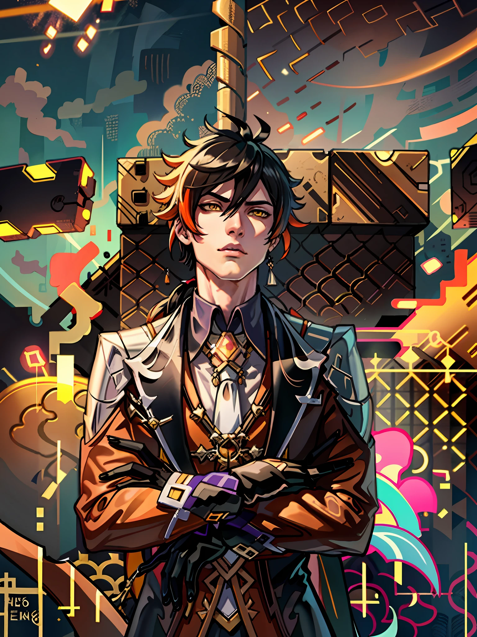 masterpiece, best quality, zhongli (genshin impact), male focus, jewelry, long hair, 1boy, solo, earrings, bangs, gloves, ponytail, black gloves, multicolored hair, brown hair, detailed hair, hair between eyes ,simple background, single earring, thumb ring, jacket, tassel earrings, long sleeves, arms crossed, alpha pose, tassel, cloud, formal, yellow eyes, detailed eyes, floating object, clouds, godly background, dark background, gradient hair, suit, black hair, cloudy sky,(kbxll:0.6), anime style