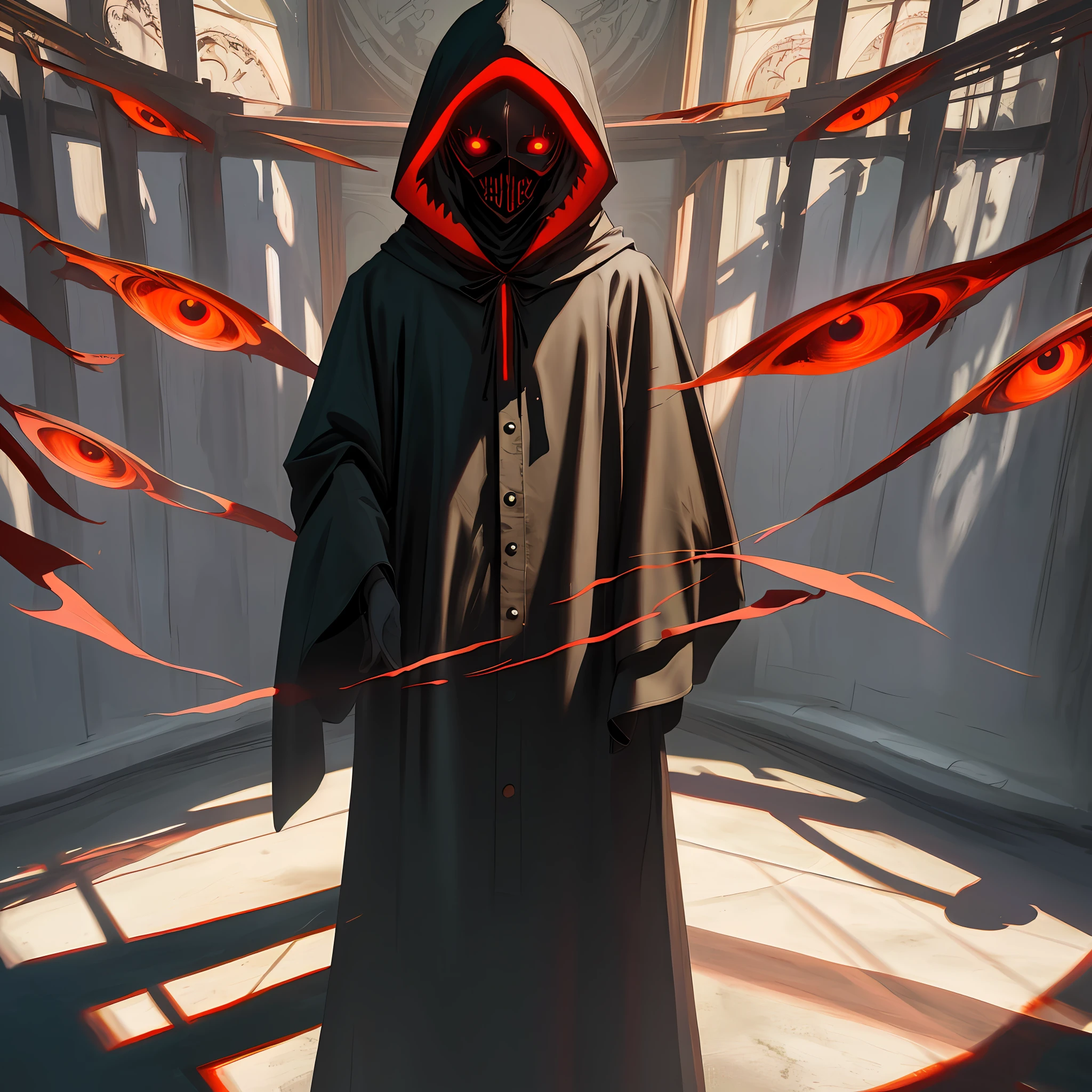 Ominous art piece of a faceless hooded figure surrounded by luminous hovering red eyes, (extremely detailed CG), ((Realistic Shadows:1.2)), ((Realistic Lighting:1.1)), ((Highest quality)), 8k, ultra-detailed, ((perfect shadows)), best illumination, best shading, ((masterpiece)), (best quality:1.0), (ultra highres:1.0), intricate detail, (depth of field), subject in focus