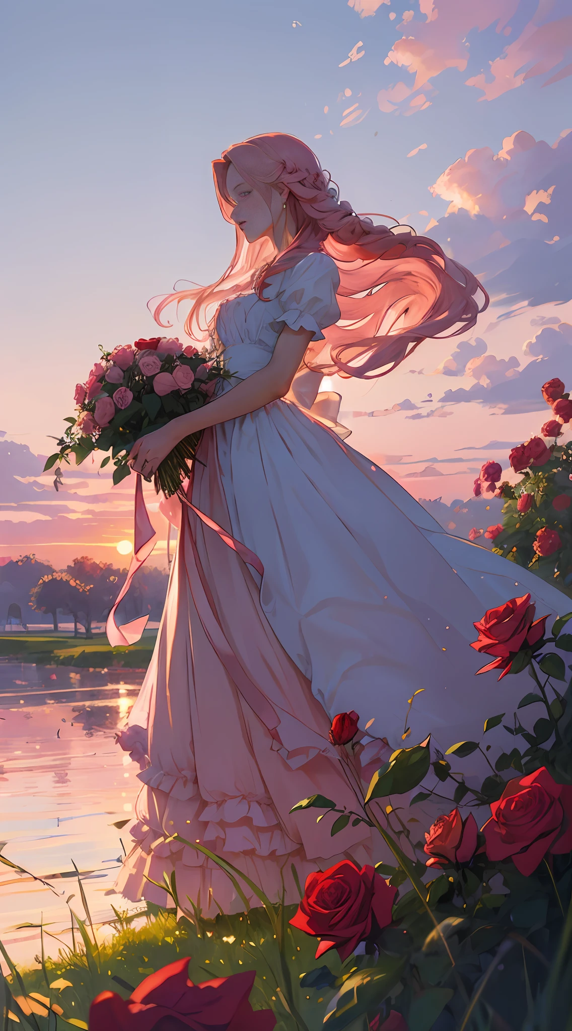 summer landscape, red roses bush, woman, gentle, elegant, aristocratic, pink long hair, braids, hairstyle, elegant laces, full body, beautiful, calm face, light, pink sunset, wallpaper, glass tales, blue sky, ground under pink clouds, sunny, wide angle, realistic, modern, depth of field, high details, super detail, HD, high quality, masterpiece
