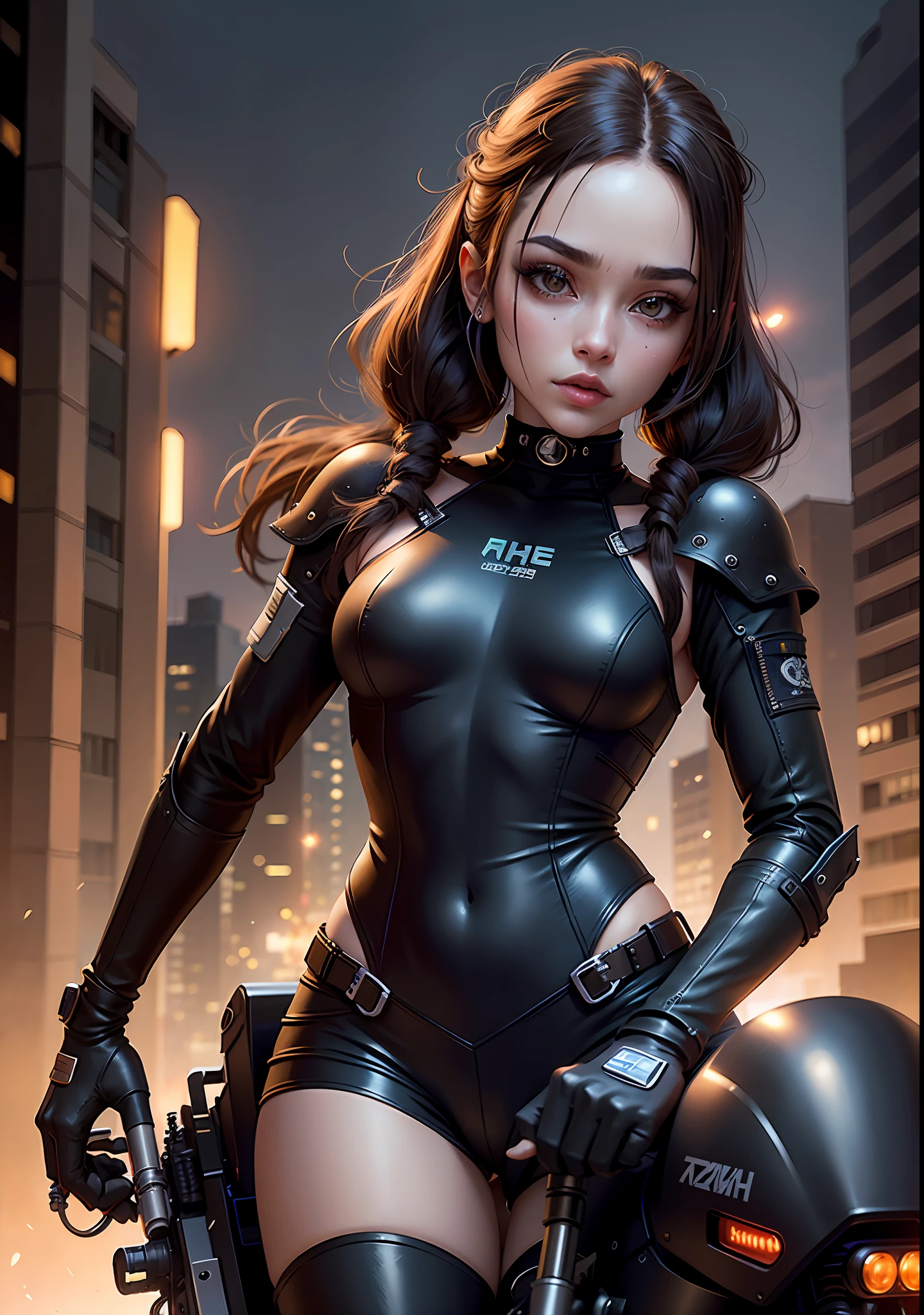 A Huntress riding her future tech motorcycle, shooting a hightech gun, fire sparks comming out of the gun, (1woman, brown eyes, white skin, black hair comtwintails, choker, small breasts, skinny, full lips, makeup, eyeliner, Russian), wearing a black one-piece leather armor, long leather gloves, long leather boots, in a cyberpunk town at night, (cyberpunk theme), (masterpiece, best quality, 8k, sharp focus, depth of field, best shadows, perfect lights, HDR, realistic skin texture, ultra-detailed and detailed background), wideshot