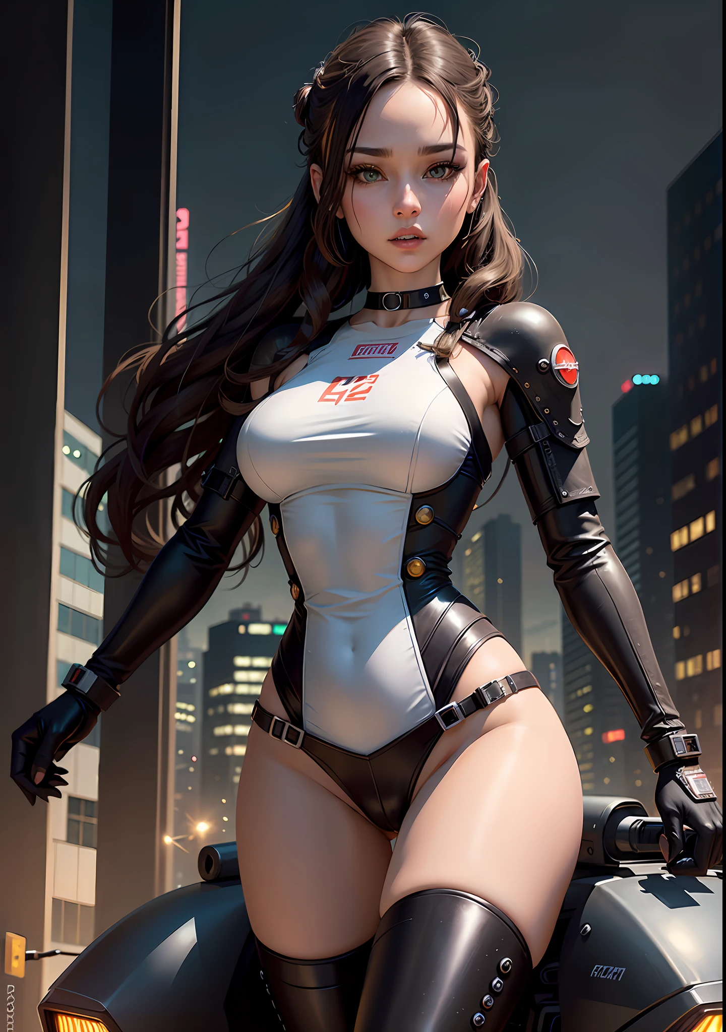 A Huntress riding her future tech motorcycle, shooting a hightech gun, fire sparks comming out of the gun, (1woman, brown eyes, white skin, black hair comtwintails, choker, small breasts, skinny, full lips, makeup, eyeliner, Russian), wearing a black one-piece leather armor, long leather gloves, long leather boots, in a cyberpunk town at night, (cyberpunk theme), (masterpiece, best quality, 8k, sharp focus, depth of field, best shadows, perfect lights, HDR, realistic skin texture, ultra-detailed and detailed background), wideshot