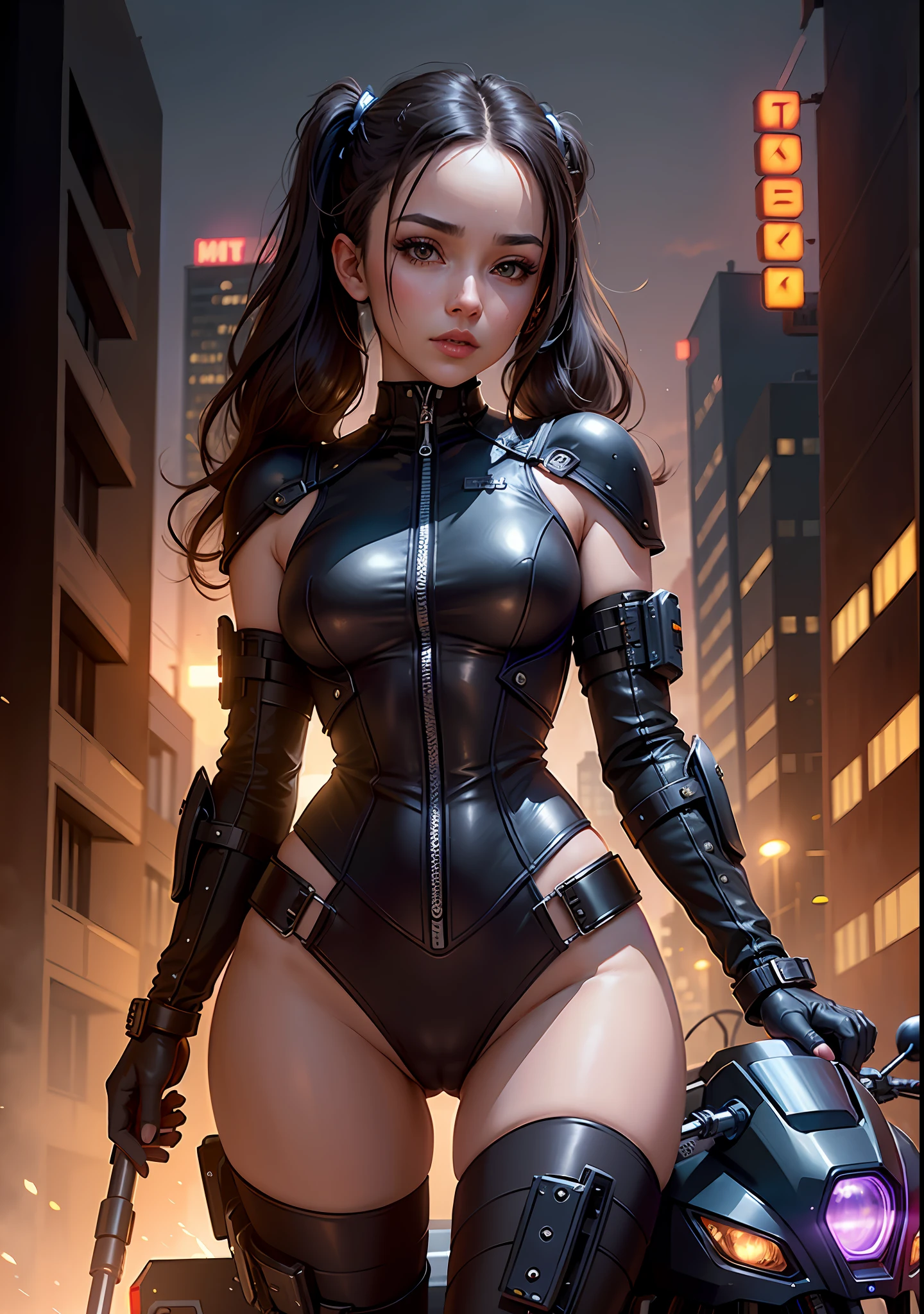 A Huntress riding her future tech motorcycle, shooting a hightech gun, fire sparks comming out of the gun, (1woman, brown eyes, white skin, black hair comtwintails, choker, small breasts, skinny, full lips, makeup, eyeliner, Russian), wearing a black one-piece leather armor, long leather gloves, long leather boots, in a cyberpunk town at night, (cyberpunk theme), (masterpiece, best quality, 8k, sharp focus, depth of field, best shadows, perfect lights, HDR, realistic skin texture, ultra-detailed and detailed background), wideshot