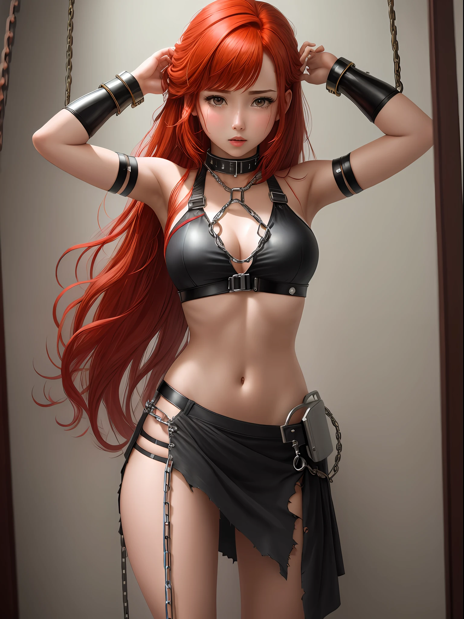 masterpiece,1girl,solo, red hair,hair intakes,torn clothes, handcuffs, chains,navel,tears,