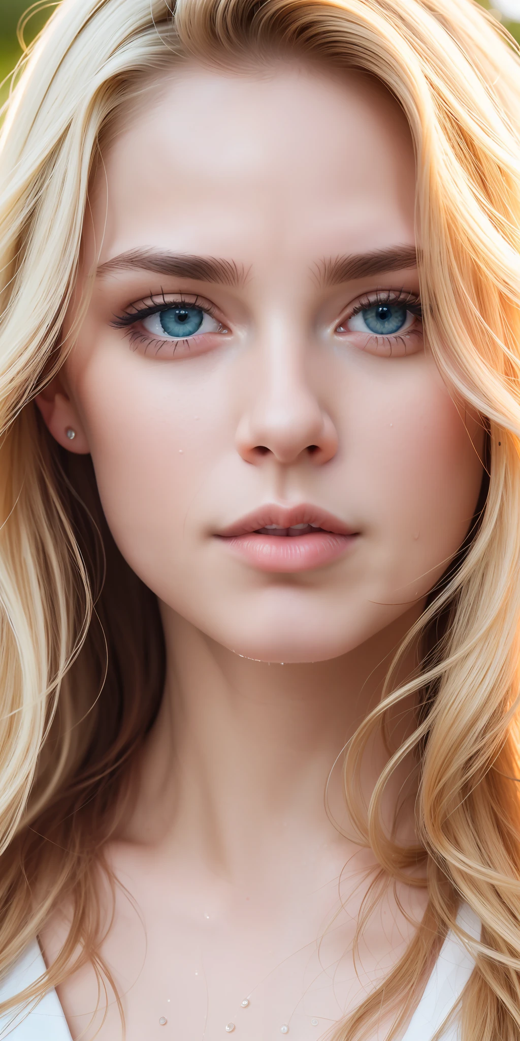 Full face portrait photo of a 35-year-old finnish girl, RAW, beautiful woman, half-open strawberry lips, wistful look, (extra long wavy blonde hair), ((detailed face)), ((detailed facial features)), (finely detailed skin), pale skin, lace, soft natural light, outdoor environment, (cool colors), damp, reflections, (masterpiece) (perfect aspect ratio), (realistic photo), (best quality), (detailed) photographed on a Canon EOS R5, 50mm lens, F/2.8, HDR, (8k) (wallpaper) (cinematic lighting) (dramatic lighting) (sharp focus) (intricate), RAW photo, RAW photo, gigachad photo,  posing for camera, arms behind, 8k uhd, dslr, high quality, film grain, Fujifilm XT3, extremely detailed, photorealistic, realistic, incredibly absurd, highly detailed, sharp focus, (Professional Studio Lighting), (Professional Color Grading), Edge Lighting, Dramatic lighting, Cinematic lighting, Lumen reflections, Soft natural lighting, Soft color, Photon mapping, Radiosity, (Beautiful pale blue eyes), (Detailed eyes),  (Detailed face), symmetrical eyes, sharp eyes, cold face, full body), (((HIGH LEVEL OF DETAIL))), ((wet, oil-lubricated))), ((perfect body)), thin waist.