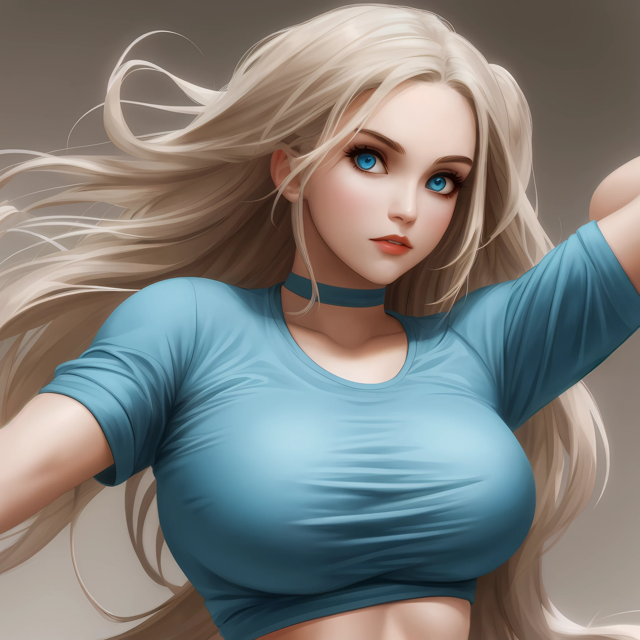 create a beautiful girl wearing tight t-shirt huge boobs, perfect face,perfect eyes,HD details,