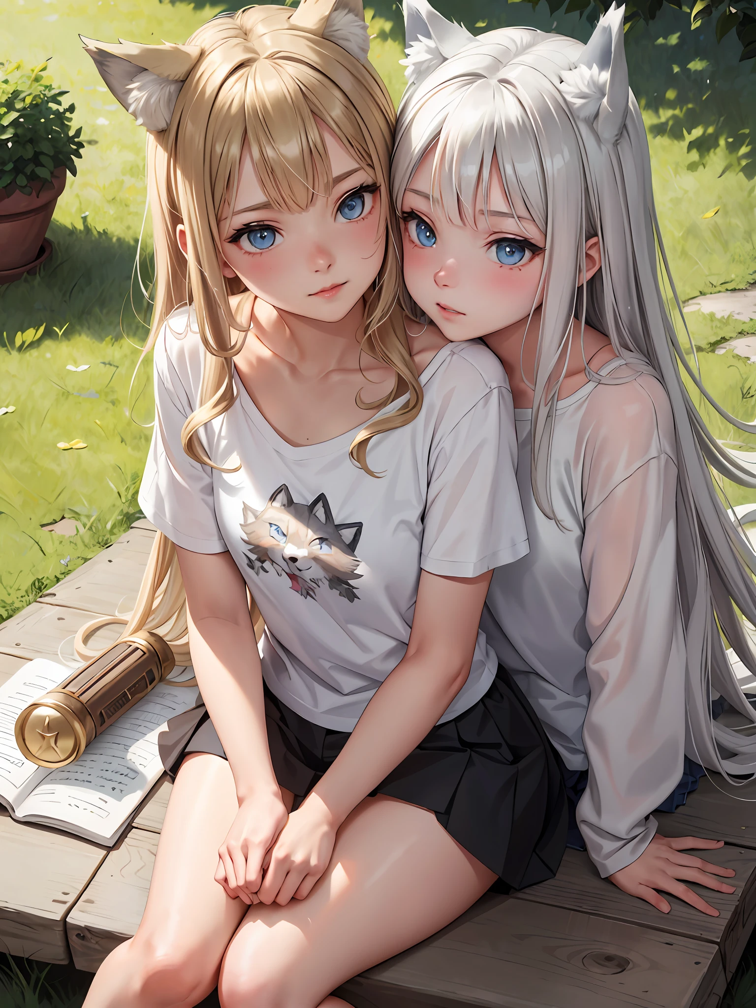 masterpiece, best quality, wolf girl, elegant, 1girl, wolf ears, wolf tail, cute, blushed, feet out of frame, reading book, from above, blonde wavy hair, mini skirt, white and black striped T-shirt, blue eyes, beautiful eyes, beautiful background, light particles, sun rays, dramatic lighting, outside, shiny, realistic, masterpiece, best quality, ultra-detailed, detailed, scenery, beautiful detailed eyes, detailed hair