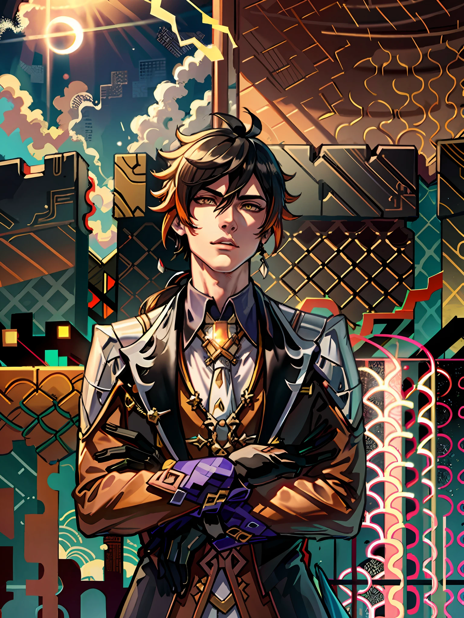 masterpiece, best quality, zhongli (genshin impact), male focus, jewelry, long hair, 1boy, solo, earrings, bangs, gloves, ponytail, black gloves, multicolored hair, brown hair, detailed hair, hair between eyes ,simple background, single earring, thumb ring, jacket, tassel earrings, long sleeves, arms crossed, alpha pose, tassel, cloud, formal, yellow eyes, detailed eyes, floating object, clouds, godly background, dark background, gradient hair, suit, black hair, cloudy sky,(kbxll:0.6), anime style