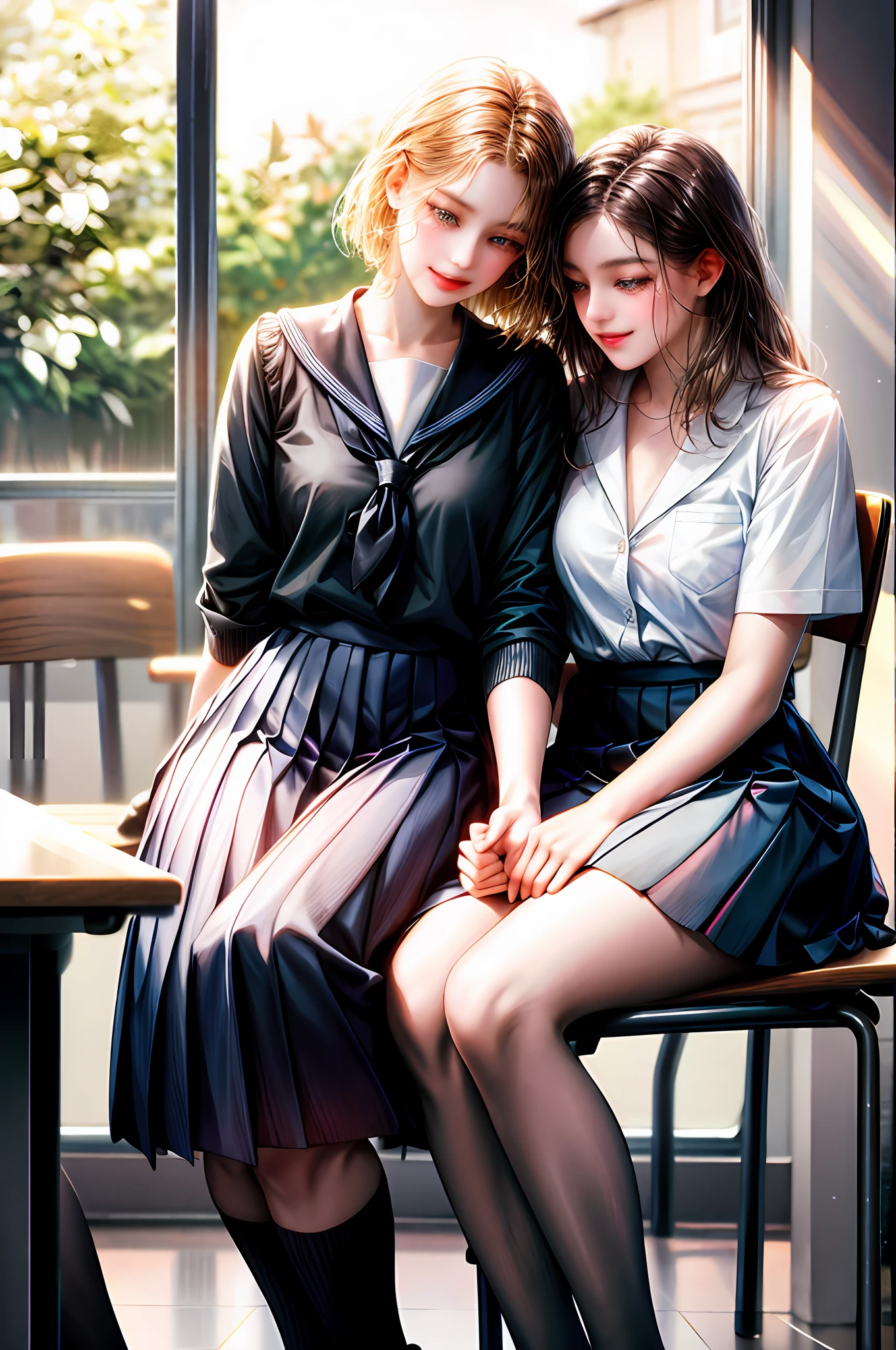 Romance students, two girls students in school uniform, lesbian couple, tall and thin, beautiful, alumnaxalumna, classmates