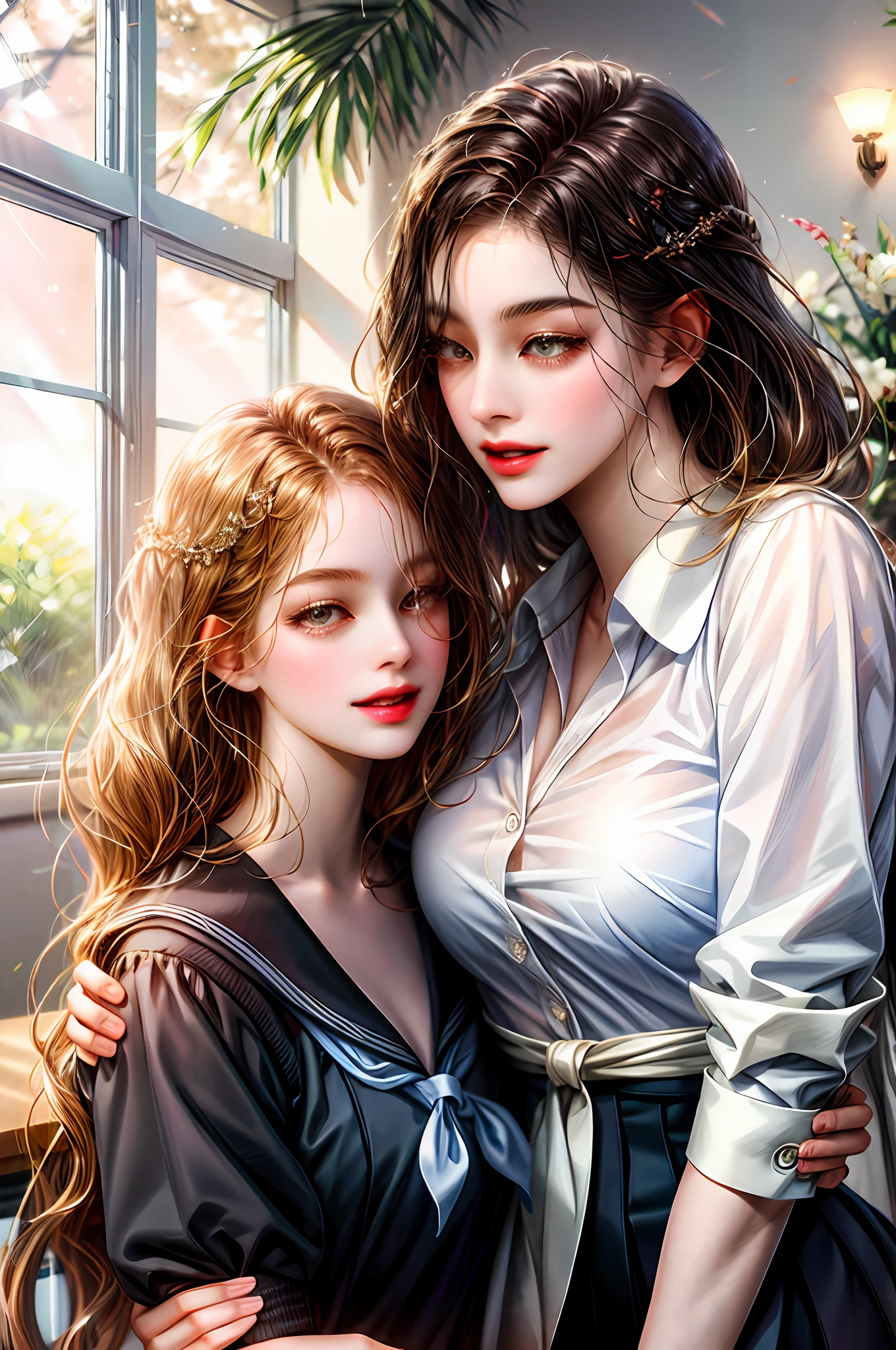 Romance students, two girls students in school uniform, lesbian couple, tall and thin, beautiful, alumnaxalumna, classmates