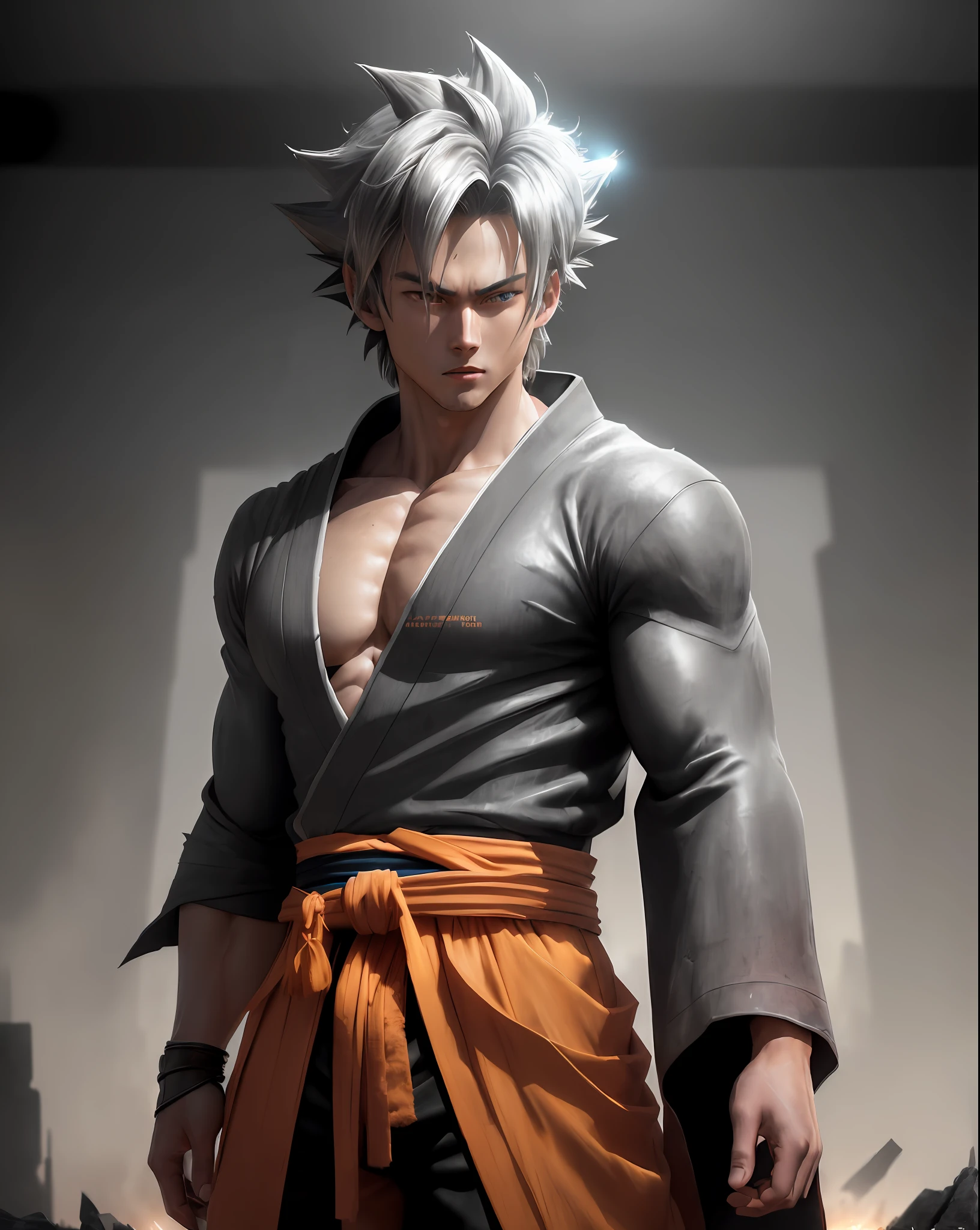 Goku, Sayajin, black Sayajin outfit, ultra detailed eyes, Goku's orange kimono, Goku's orange pants, dragonballZ, yellow energy around the body, bright blue eyes, man, flowing hair, human fur, realistic human skin, striking blue eyes, beautiful body and face - shot, body, beautiful detailed body and face, strong body, musco)))), dust raising(hot dark photos,  hyper-realistic (((portrait))), background of post-apocalyptic ruins,((((HDR+))), 4mm textures, 8k, soft cinematic light, Adobe Lightroom, Photolab, HDR, intricate, elegant, highly detailed, sharp focus, ((((((cinematic appearance)))), soft tones, insane details, intricate details, hyperdetailed, low contrast, soft cinematic light, faint colors, exposure mix, faded, slate atmosphere)