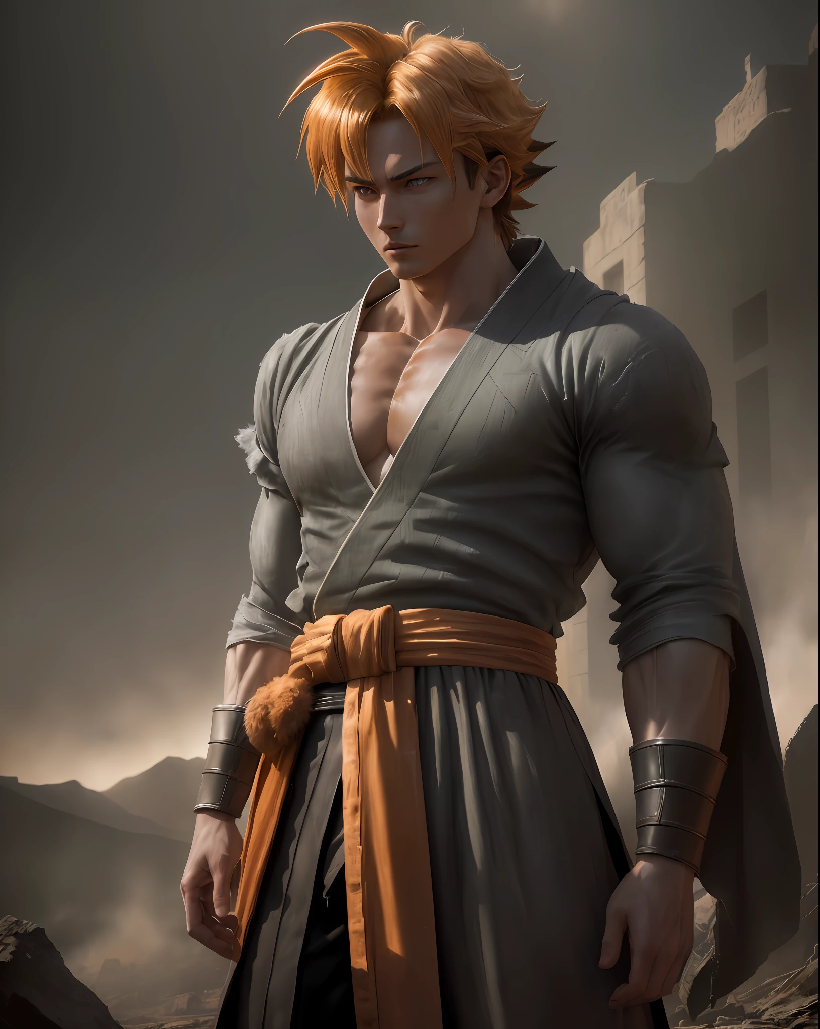 Goku, Sayajin, black Sayajin outfit, ultra detailed eyes, Goku's orange kimono, Goku's orange pants, dragonballZ, yellow energy around the body, bright blue eyes, man, flowing hair, human fur, realistic human skin, striking blue eyes, beautiful body and face - shot, body, beautiful detailed body and face, strong body, musco)))), dust raising(hot dark photos, hyper-realistic (((portrait))), background of post-apocalyptic ruins,((((HDR+))), 4mm textures, 8k, soft cinematic light, Adobe Lightroom, Photolab, HDR, intricate, elegant, highly detailed, sharp focus, ((((((cinematic appearance)))), soft tones, insane details, intricate details, hyperdetailed, low contrast, soft cinematic light, faint colors, exposure mix, faded, slate atmosphere)