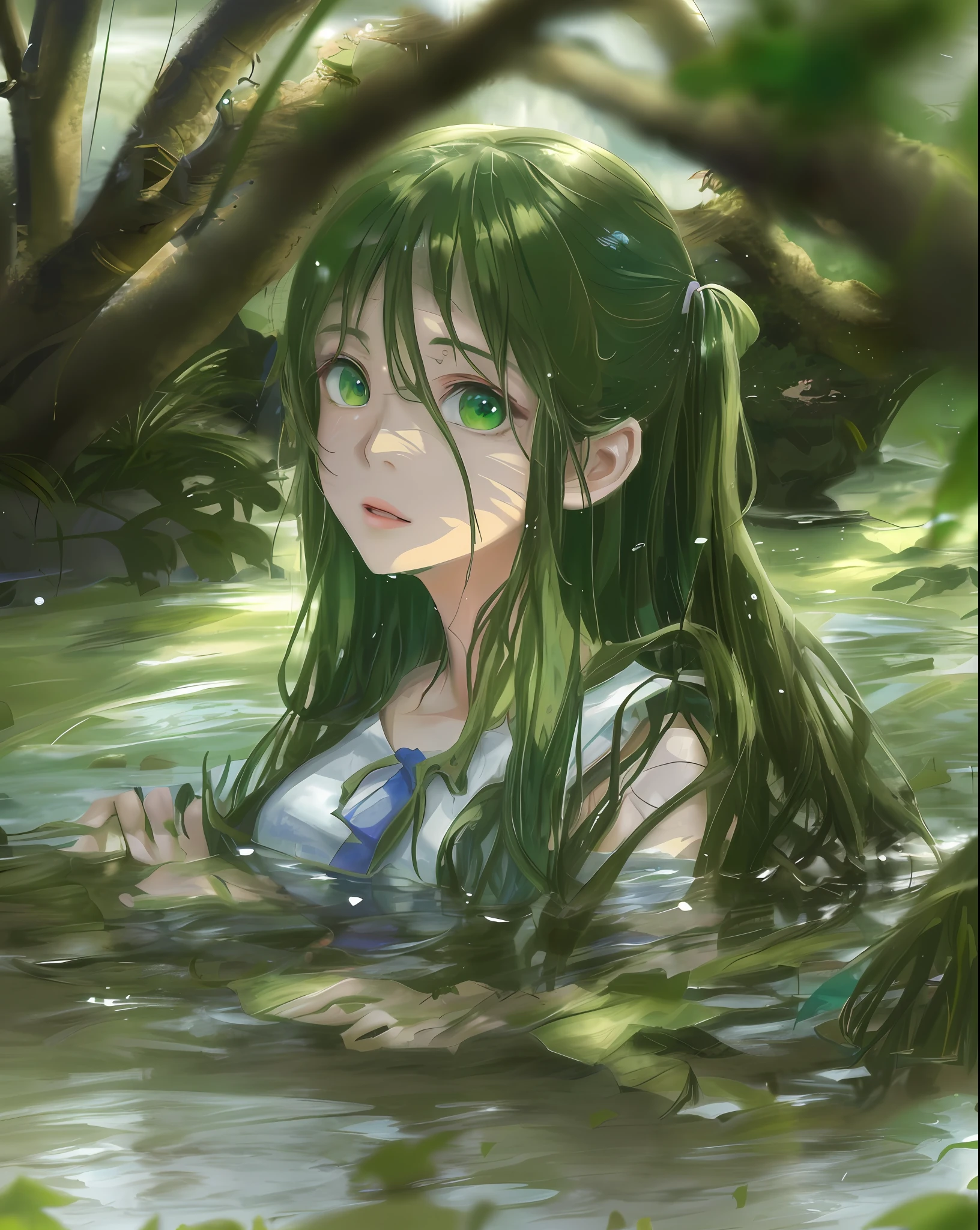 anime girl in mud with green eyes laying in water, an anime drawing by Yang J, pixiv, conceptual art, [ 4 k digital art ]!!, wet mud, kawacy, nymph in the water, marin kitagawa fanart, in the water, ecchi, seductive anime girl, in water, in a pond, in water up to her shoulders