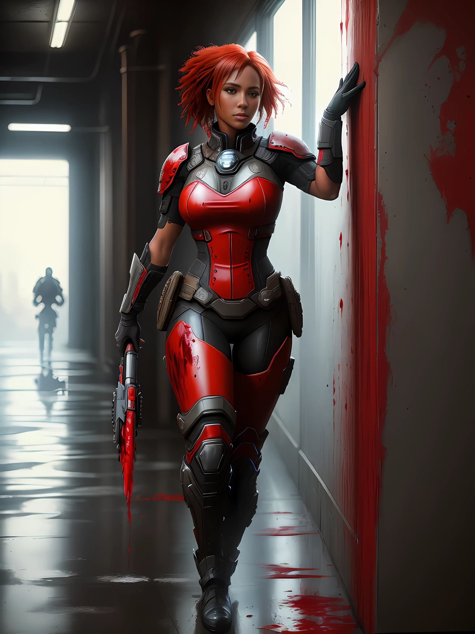 Portrait of a sexy black woman in a Gears of War game costume ((soaking wet with a blood)), redhead, freckles teacher is walking leaning against the wall, natural dynamic pose, full body, greasy leg, dramatic and dark atmosphere, cinematic, faded colors, dark shot, muted colors, grainy film, lut, insane details, intricate details, hyperdetailed
