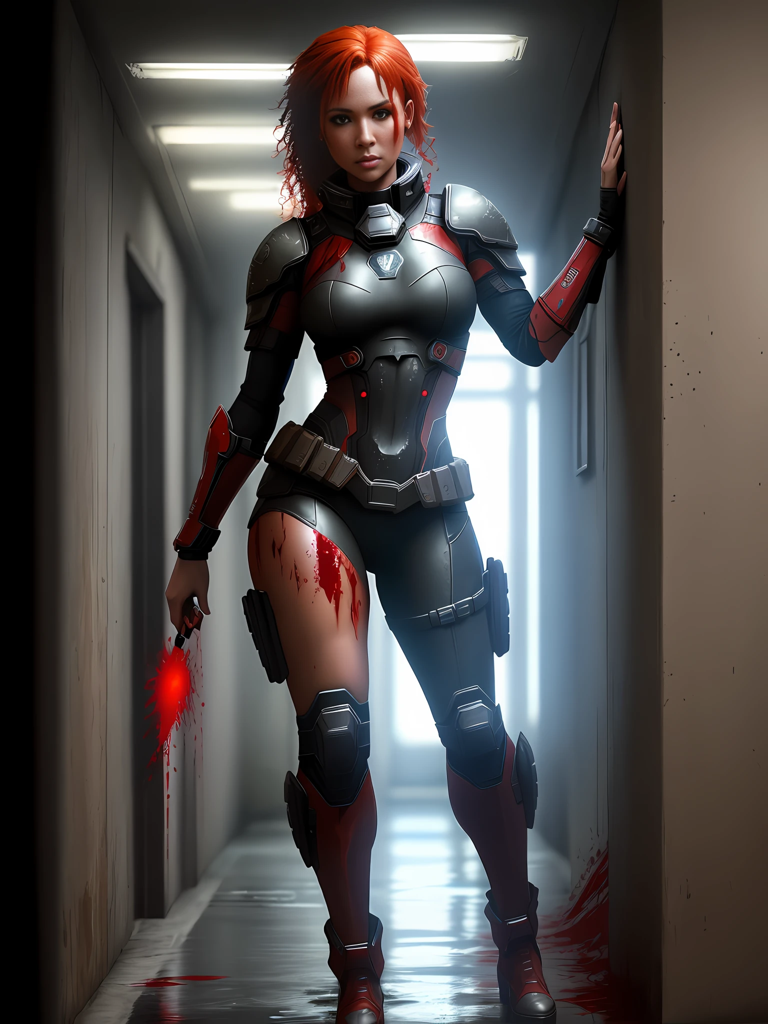 Portrait of a sexy black woman in a Gears of War game costume ((soaking wet with a blood)), redhead, freckles teacher is walking leaning against the wall, natural dynamic pose, full body, greasy leg, dramatic and dark atmosphere, cinematic, faded colors, dark shot, muted colors, grainy film, lut, insane details, intricate details, hyperdetailed