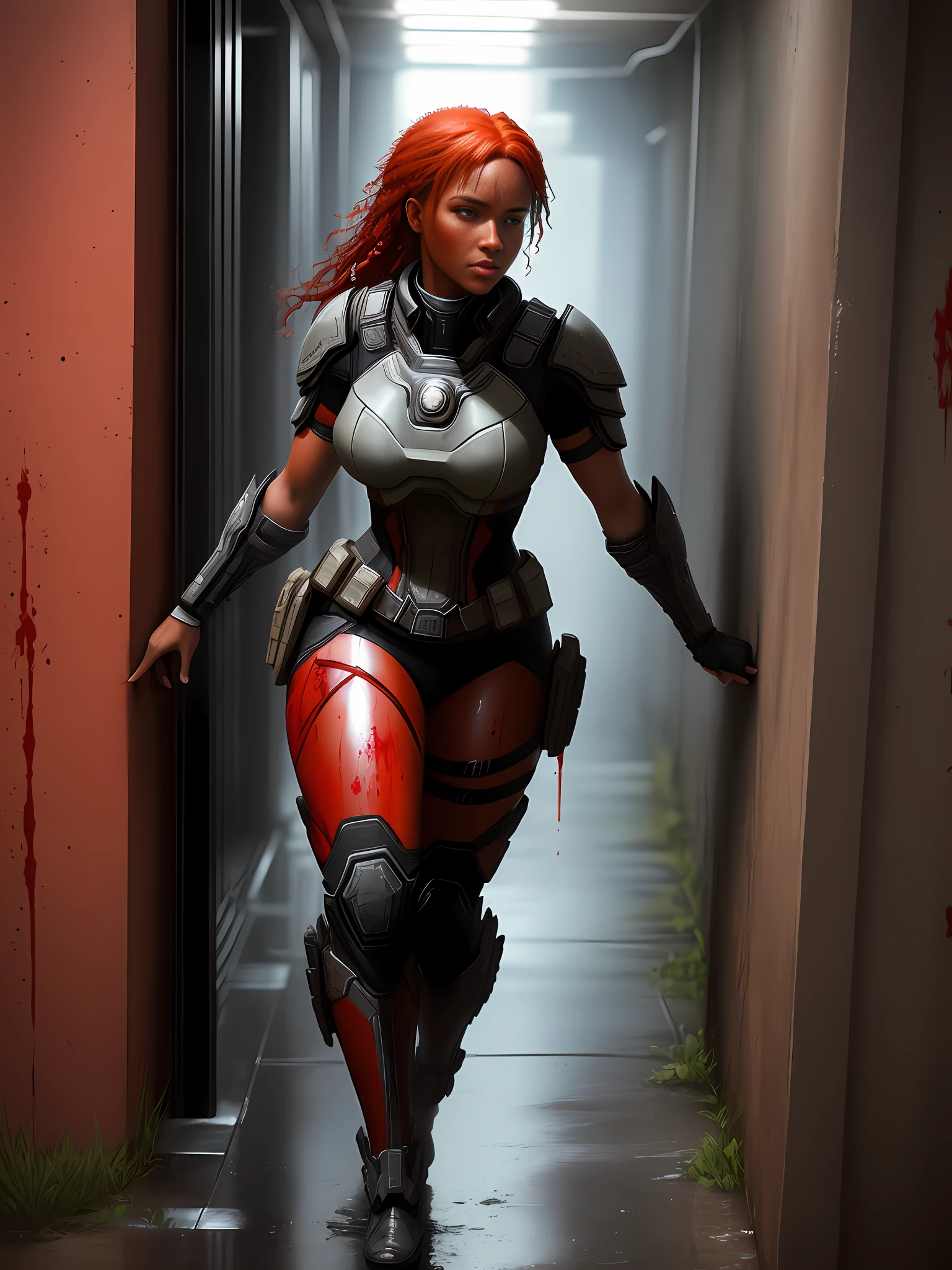 Portrait of a sexy black woman in a Gears of War game costume ((soaking wet with a blood)), redhead, freckles teacher is walking leaning against the wall, natural dynamic pose, full body, greasy leg, dramatic and dark atmosphere, cinematic, faded colors, dark shot, muted colors, grainy film, lut, insane details, intricate details, hyperdetailed