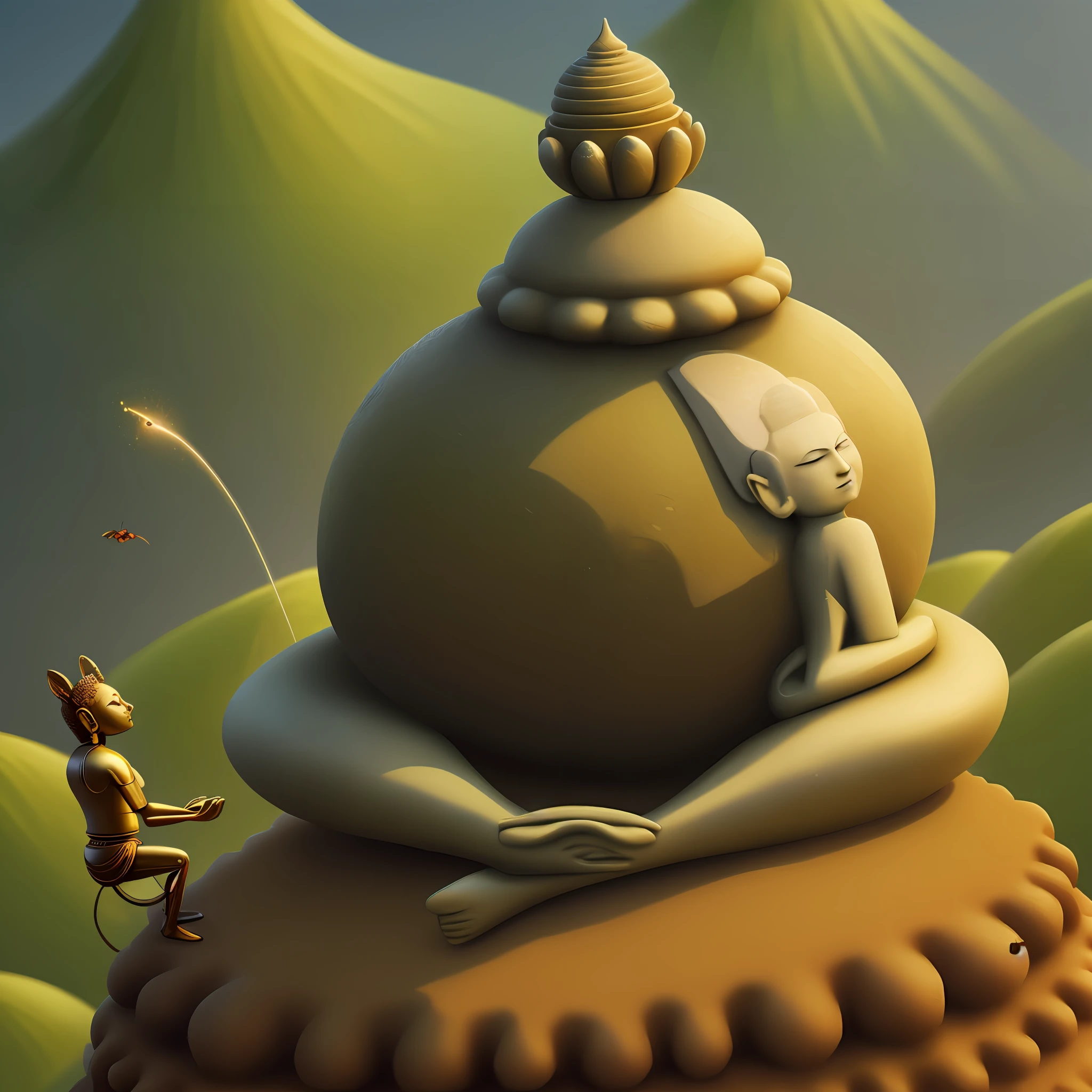 Ant meditating in.form of buddha,on top of its hill anthill 4k