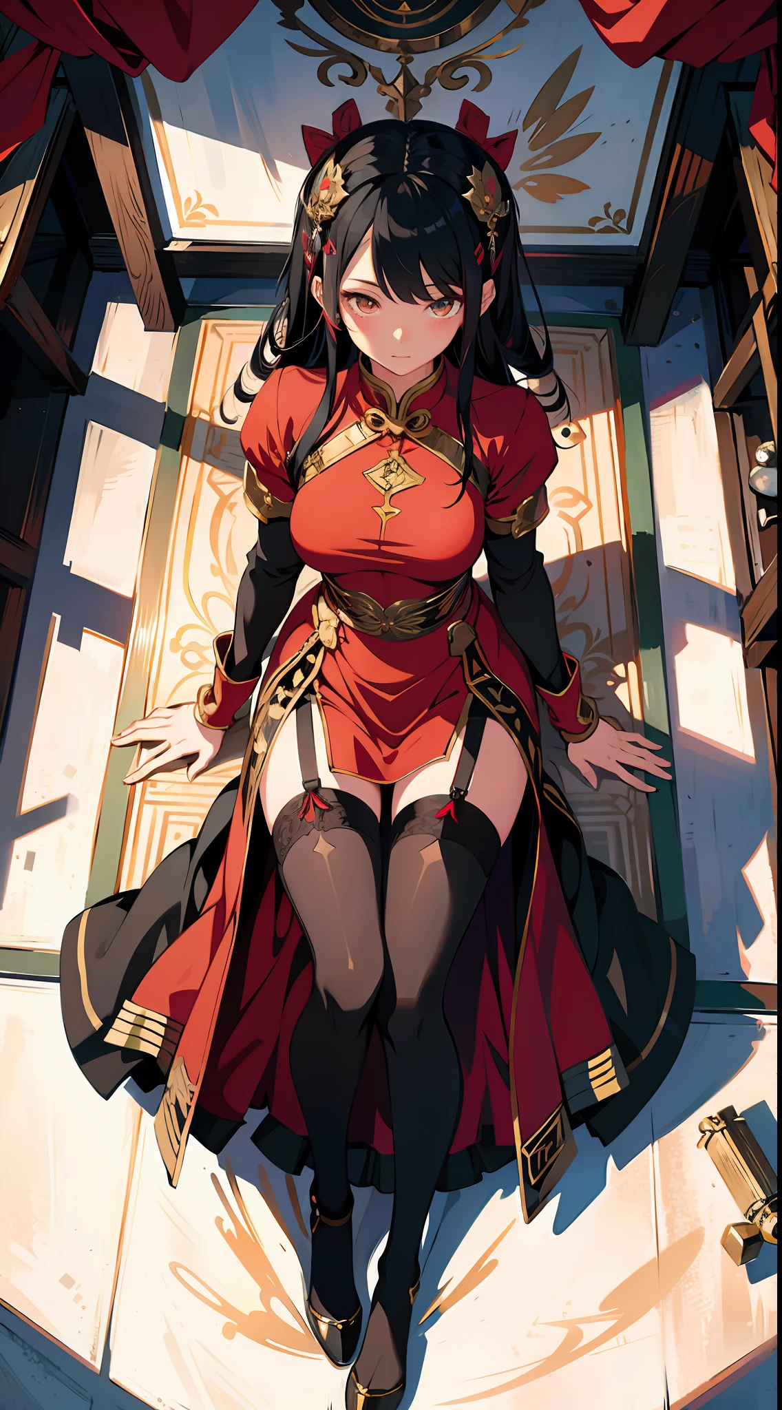absurd res, high res, (masterpiece:1.4), ultra-detailed, 1girl, from above, space, floating, Chinese dress, red dress, stockings, black hair, golden eyes
