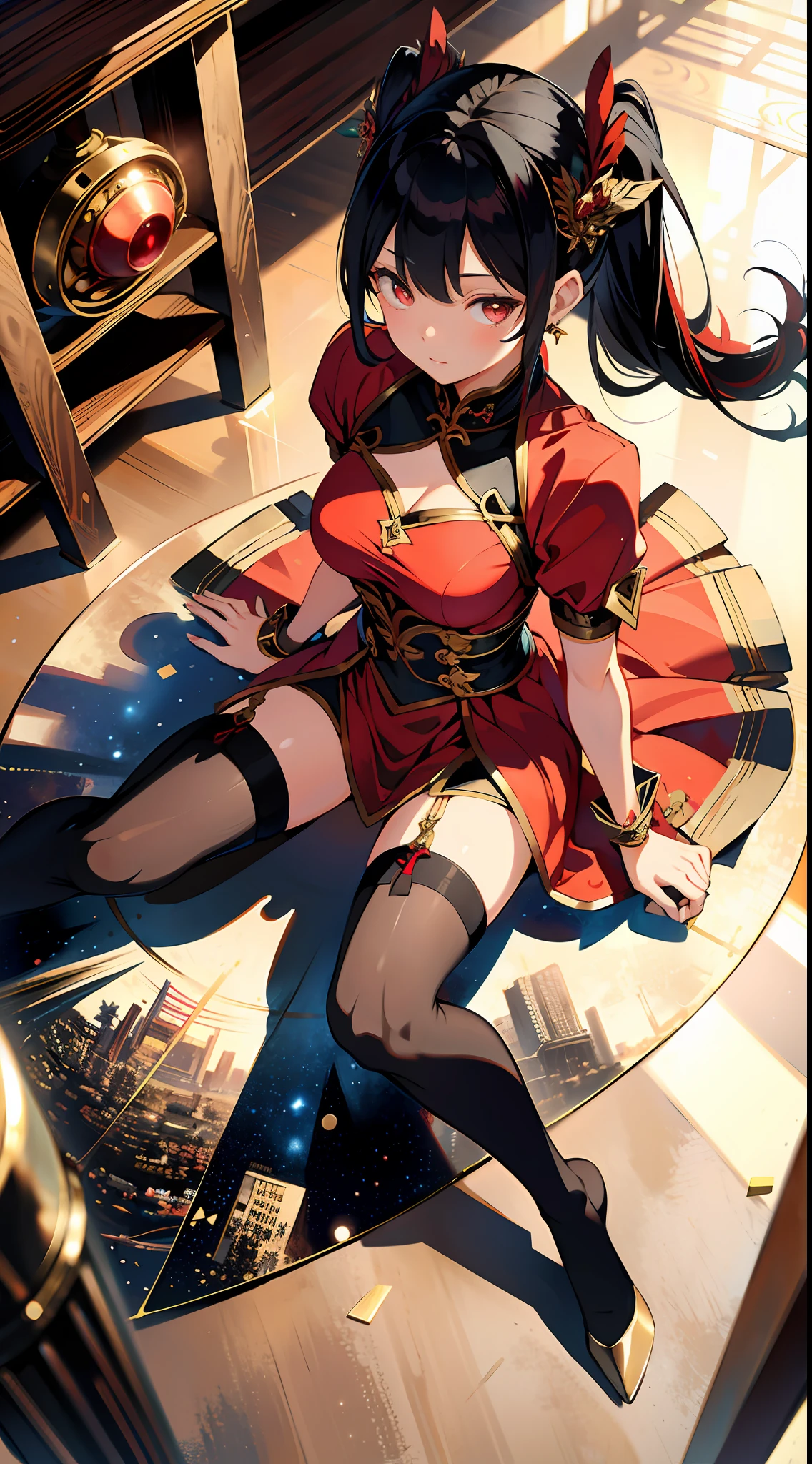 absurd res, high res, (masterpiece:1.4), ultra-detailed, 1girl, from above, space, floating, Chinese dress, red dress, stockings, black hair, golden eyes