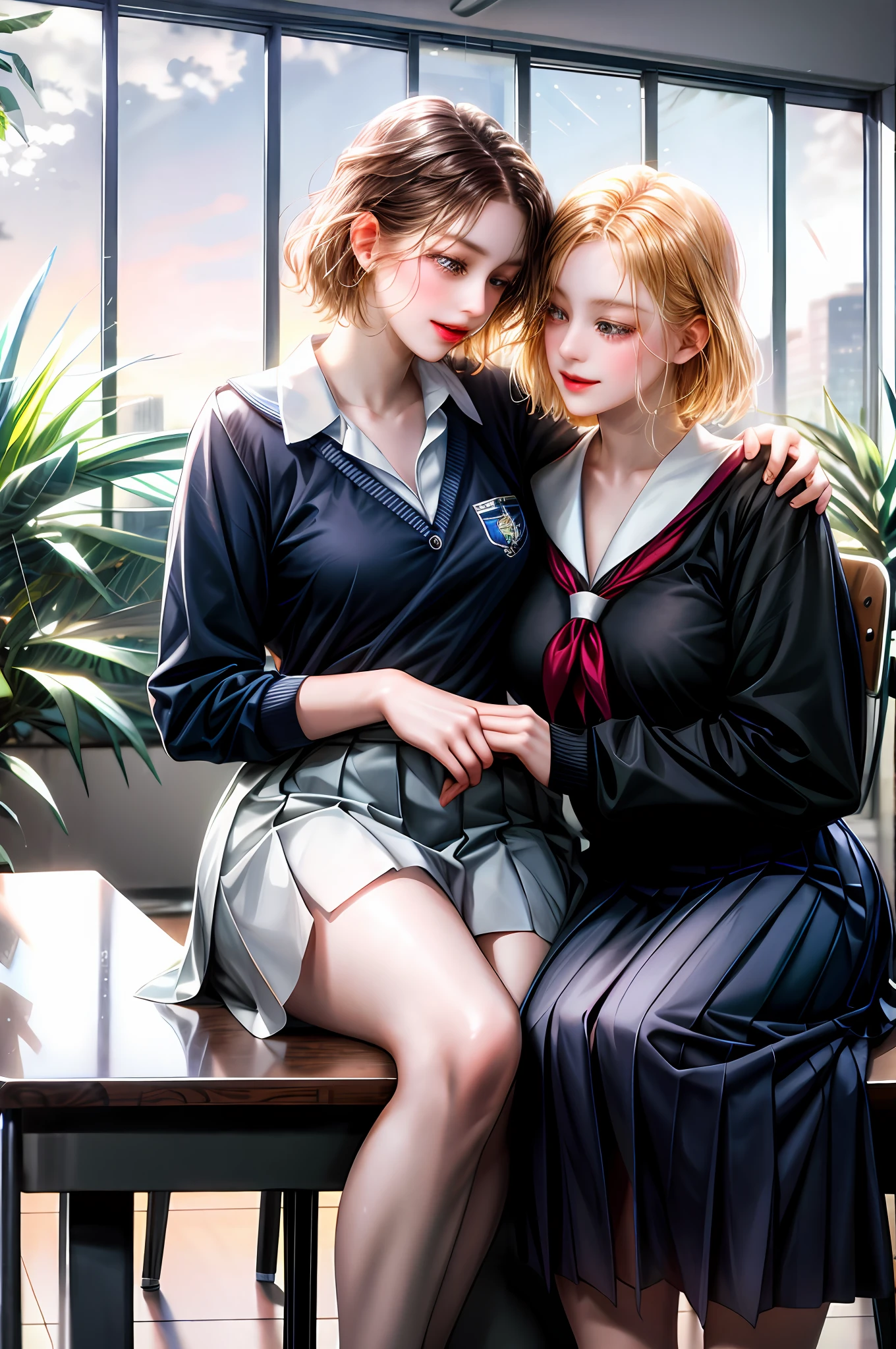 Romance students, two girls students in school uniform, lesbian couple, tall and thin, beautiful, alumnaxalumna, classmates
