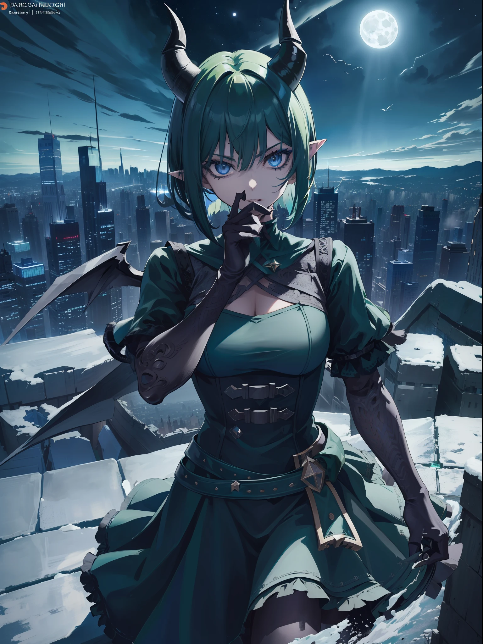 ((highest quality, masterpiece, 4k, finely detailed, detailed eyes, detailed face, gelbooru, pixiv)), warm lighting, ((highest quality, masterpiece, 4k, finely detailed, detailed eyes, detailed face, gelbooru, pixiv)), warm lighting, ((solo)), 1 woman, adult woman, mature woman, wide hips, seductive, ((two demon horns)), ((very sharp eye shape, dark mascara, steel blue eye color)), (((green haircolor, shaggy hair, bob haircut)), looking at viewer, mean expression, ((modern dress, dark black color)), dominant pose, ((pointy ears)), ((modern setting)), ((castle at night in the background, full moon night, starry night, modern city surrounding the castle, bird's eye view, on top of skyscraper))