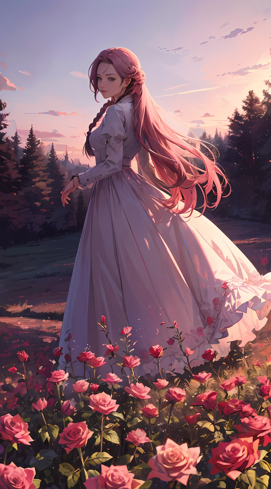 summer landscape, red roses bush, woman, gentle, elegant, aristocratic, pink long hair, braids, hairstyle, elegant laces, full body, beautiful, calm face, light, pink sunset, wallpaper, glass tales, blue sky, ground under pink clouds, sunny, wide angle, realistic, modern, depth of field, high details, super detail, HD, high quality, masterpiece, detailed hand, from a far