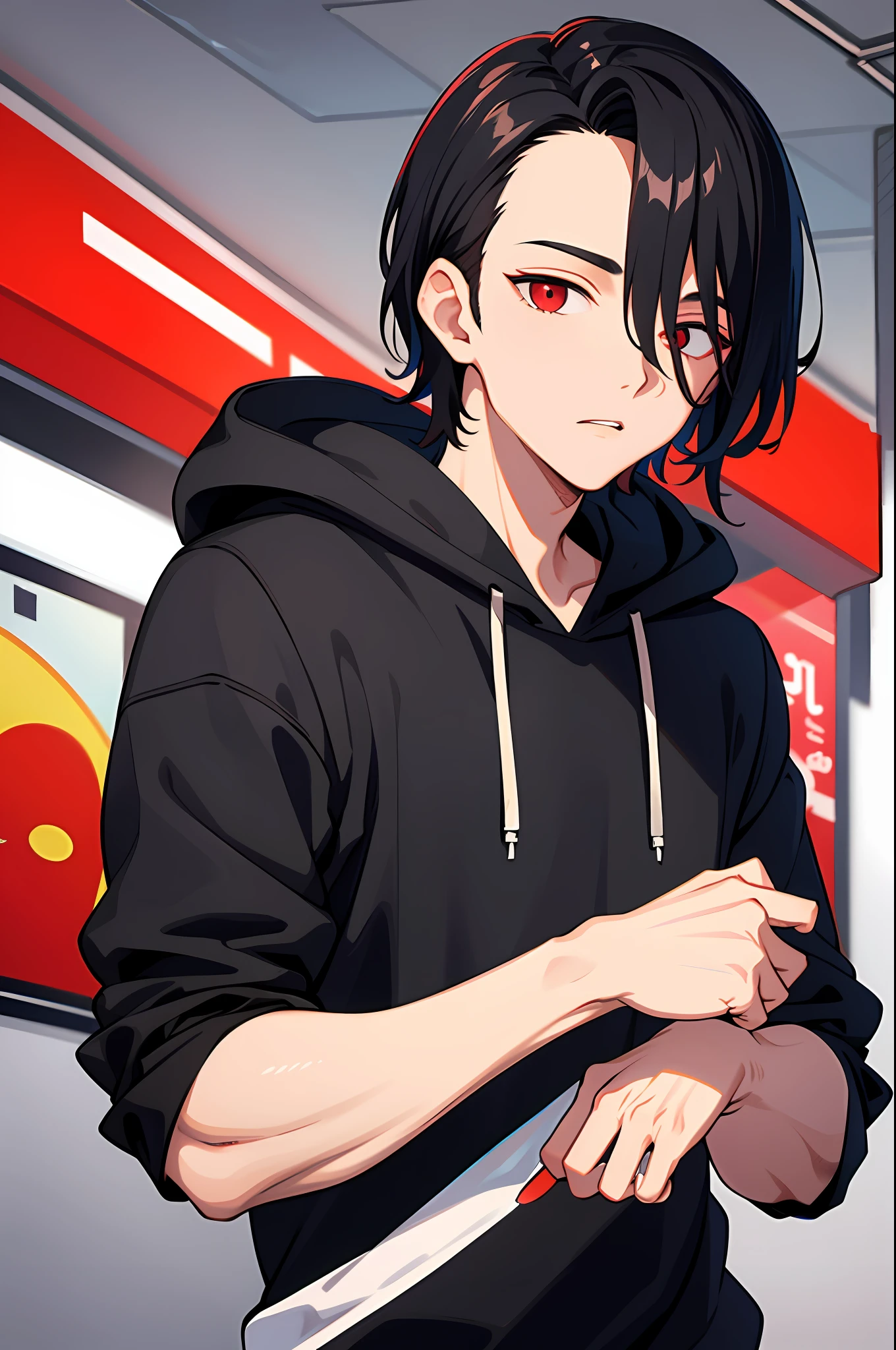 1 boy, handsome boy, black hair, coma hair, forehead coma hair, korean hair, street style, hoodie, shiny, red eyes, viewing viewer, upper body