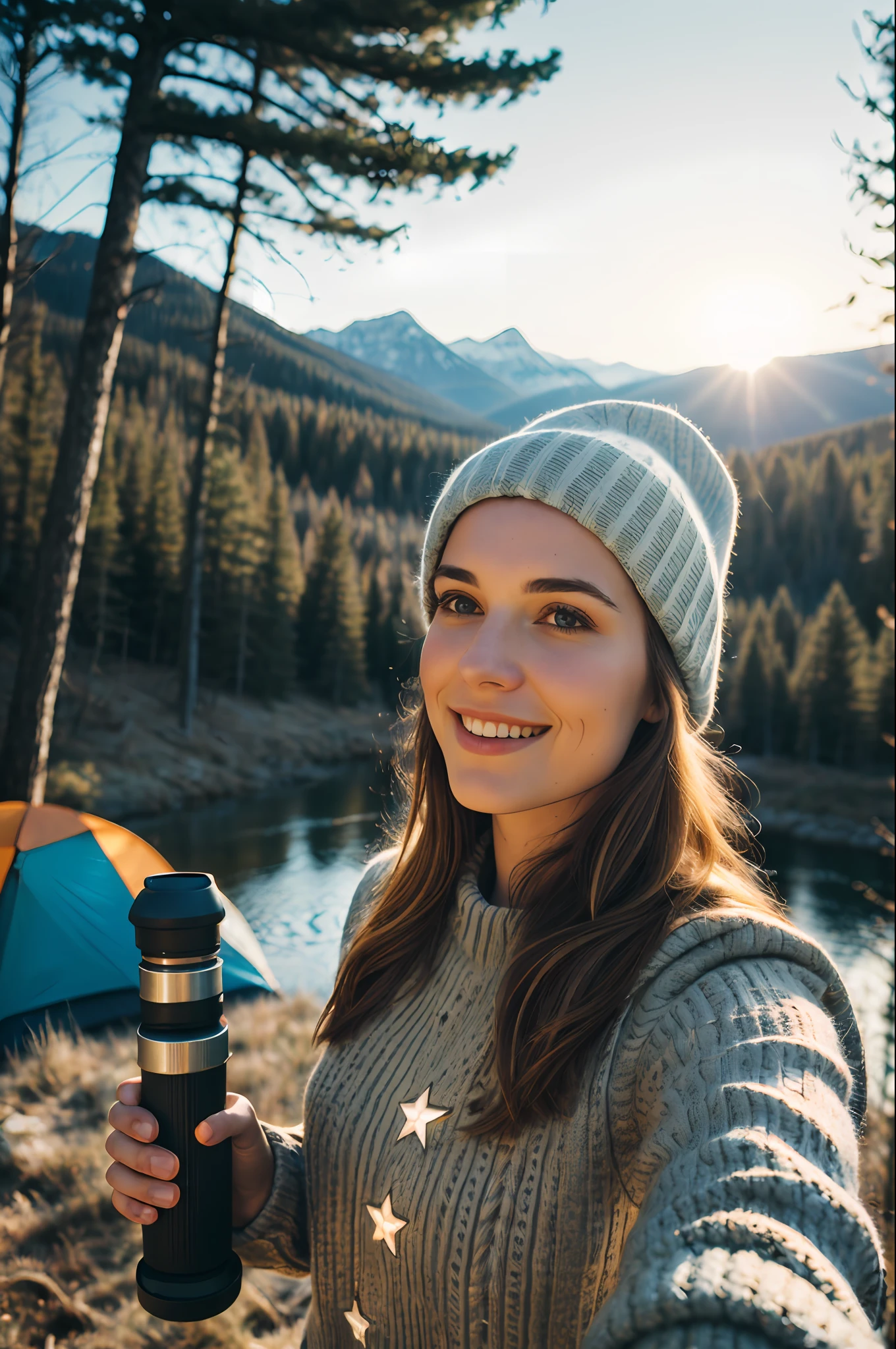 1 woman((upper body selfie, happy)), masterpiece, best quality, ultra-detailed, solo, outdoors, (night), mountains, nature, (stars, moon) cheerful, happy, backpack, sleeping bag, camping stove, water bottle, mountain boots, gloves, sweater, hat, flashlight, forest, rocks, river, wood, smoke, shadows, contrast, clear sky,
analog style (look at viewer:1.2) (skin texture)
(film grain:1.3), (warm hue, warm tone)