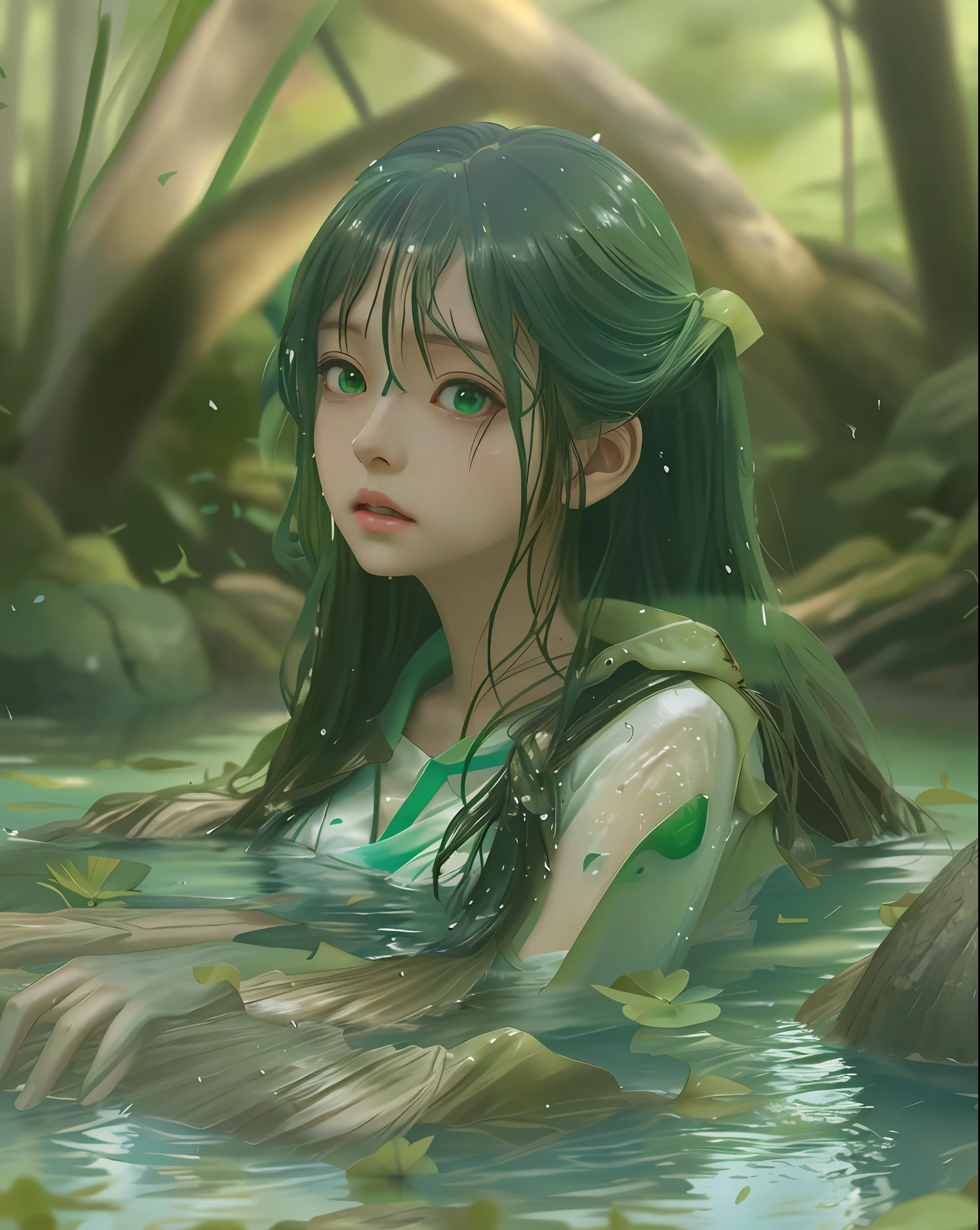anime girl in mud with green eyes laying in water, an anime drawing by Yang J, pixiv, conceptual art, [ 4 k digital art ]!!, wet mud, kawacy, nymph in the water, marin kitagawa fanart, in the water, ecchi, seductive anime girl, in water, in a pond, in water up to her shoulders
